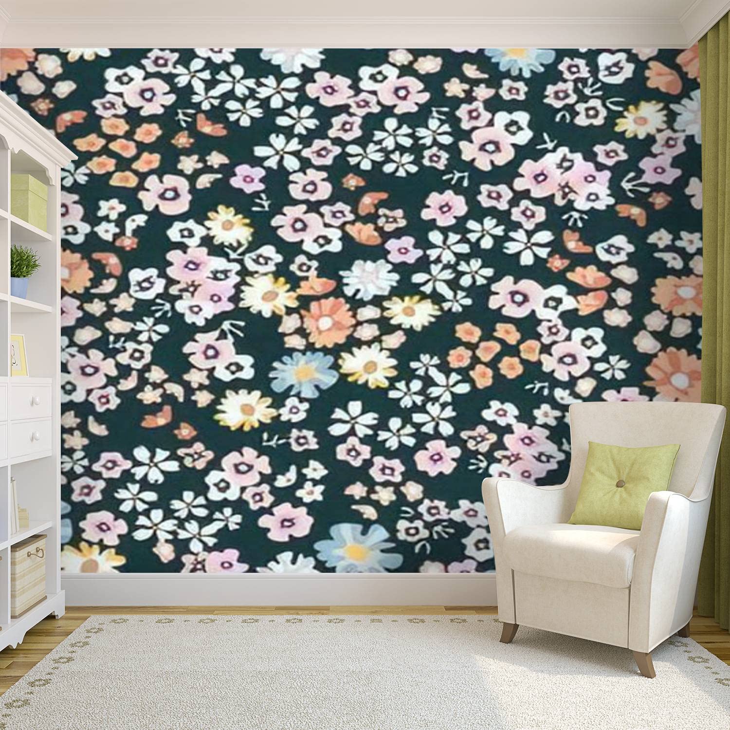 Self-Adhesive PVC Wallpaper - Dark Ditsy Floral Pattern, Small Botanical Flowers, Peel & Stick Wall Mural for Living Room & Bedroom | Trendy Home Decor, Easy Installation Wall Decal for Modern Interior Design