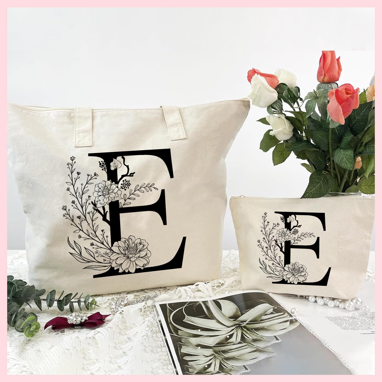 Personalized Initial Canvas Tote Bag for Women - Cotton Reusable Shopping & Cosmetic Bag - Perfect Gift for Friends, Colleagues, Moms - Birthday, Wedding & Christmas Present - Great for Shopping, Travel & Daily Use