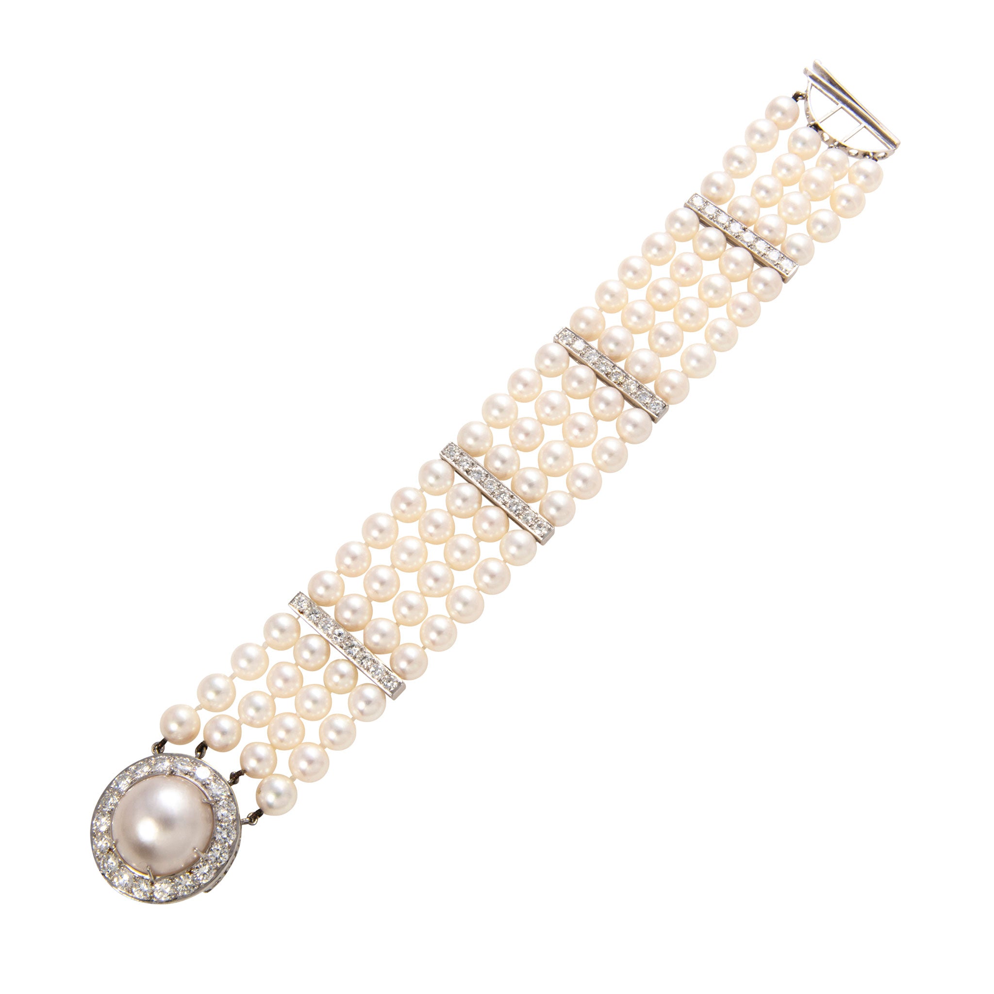 Vintage 7.16ctw Diamond & 4 Strand Pearl Platinum Bracelet - Elegant Jewelry for Weddings, Anniversaries & Special Occasions