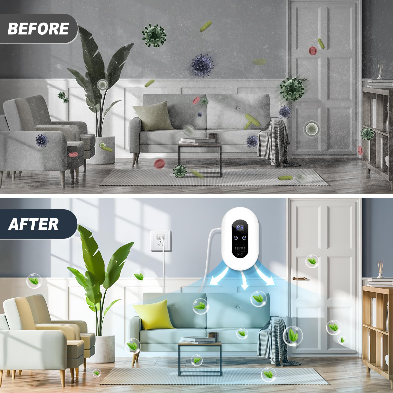 Ozone Odor Eliminator Plug-in - 99% Effective for Cat Litter, Dog Poop, Smoke & Formaldehyde | Air Freshener for Home, Bedroom, Bathroom, Kitchen, Car & Shoes | White Air Purifier for Pet Odors & Strong Smells