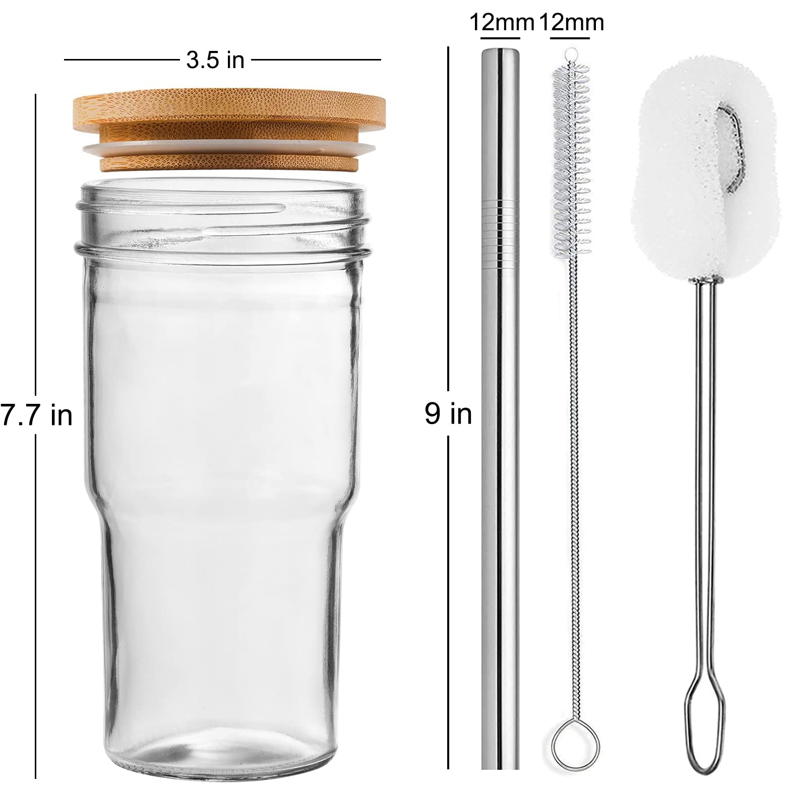 ALINK 2-Pack 22oz Mason Jar Glass Tumbler with Bamboo Lids & Straws - Reusable Boba Tea Cups for Iced Coffee, Bubble Tea, Smoothies, Juice - Includes 2 Cleaning Brushes - Perfect for Home, Office, and Outdoor Use