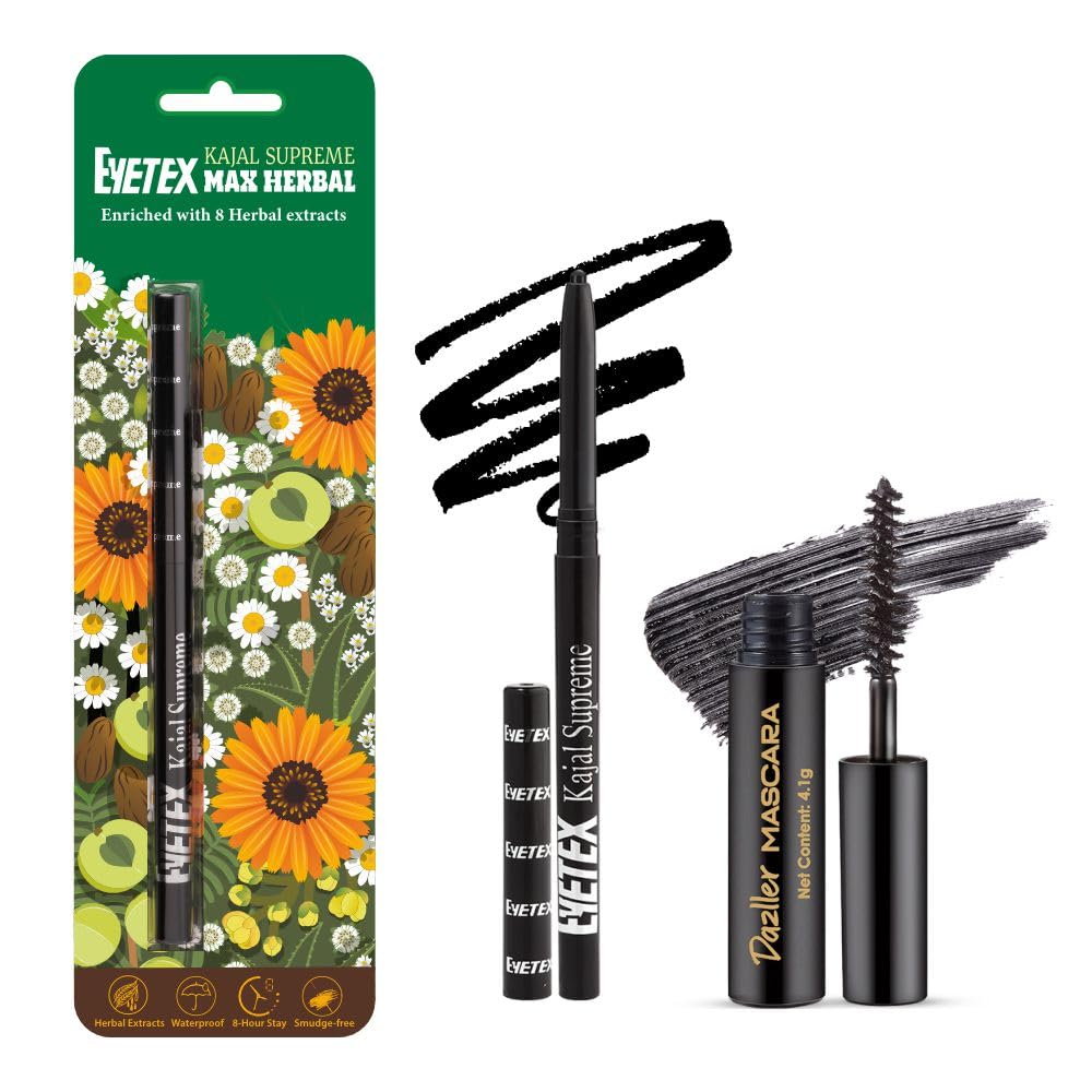 EYETEX Combo Pack: Matte Kajal Supreme Max Herbal Eyeliner Stick (0.35g) + Dazller Volumizing Mascara (4.1g) in Black | Smudge-Proof & Long-Lasting Eye Makeup Kit for Dramatic Looks | Perfect for Daily Wear, Parties & Special Occasions