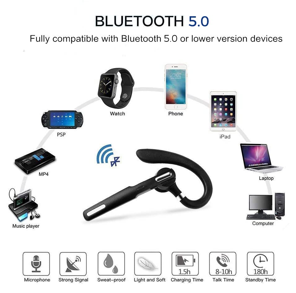 Wireless Bluetooth Headset V5.0 with Noise Cancelling Mic - 8-10 Hours Talk Time, Stereo Sound for iPhone & Android Phones - Perfect for Driving, Business Meetings & Office Work (Black)
