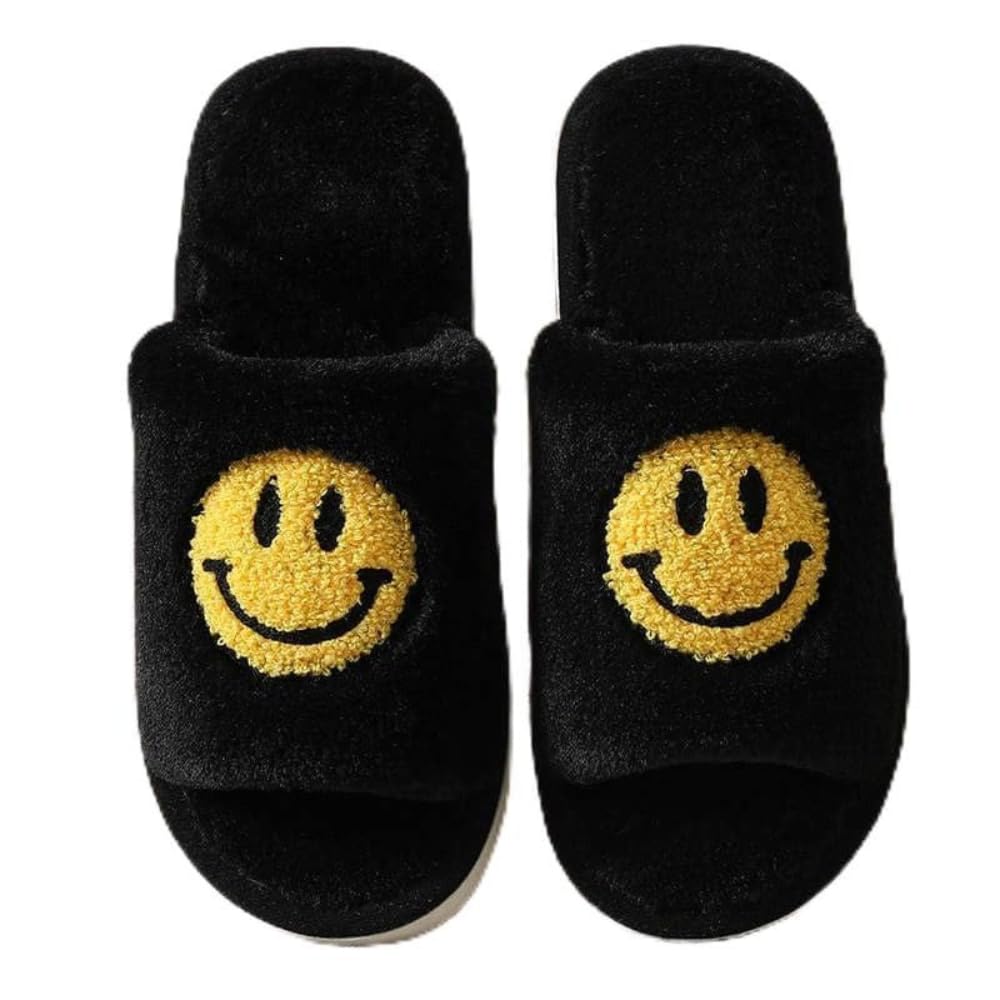 Retro Soft Plush Warm Slip-on Slippers for Women - Cozy Indoor/Outdoor House Shoes with Happy Face Design | Ultimate Comfort for Home, Office & Travel | Machine Washable Women's Slippers for All Seasons