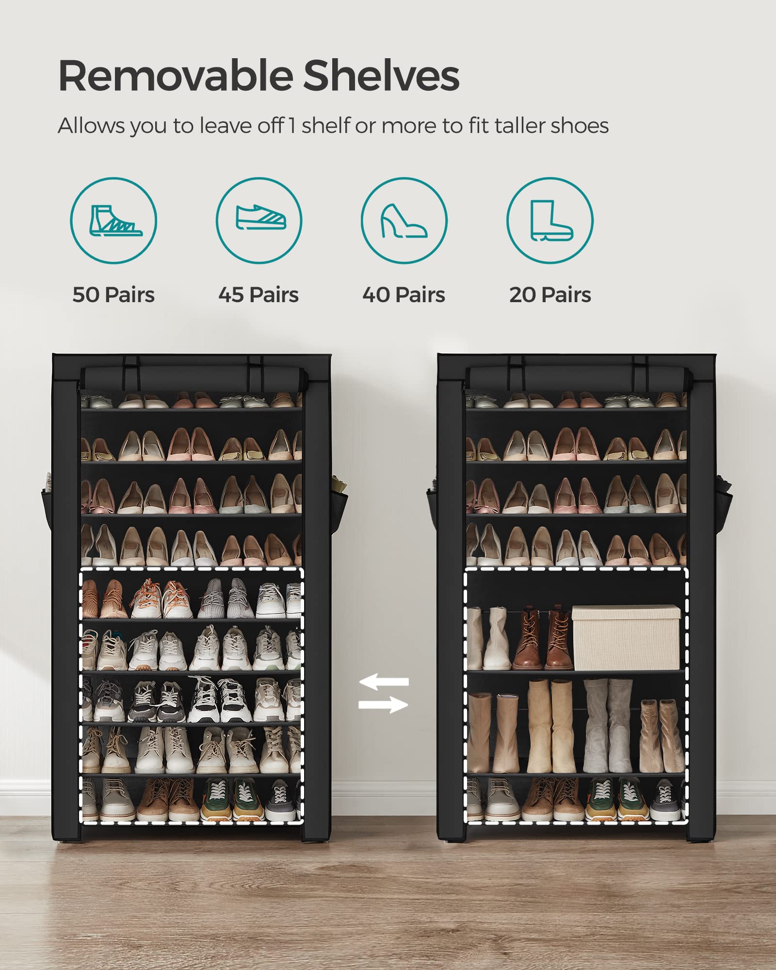 SONGMICS 9-Tier Shoe Rack Organizer with Fabric Cover - Holds 40-50 Pairs of Shoes for Entryway, Closet, or Bedroom - Perfect for Sneakers, Boots, Heels & Flats - Space-Saving Black Shoe Storage Shelf URXJ36HV1