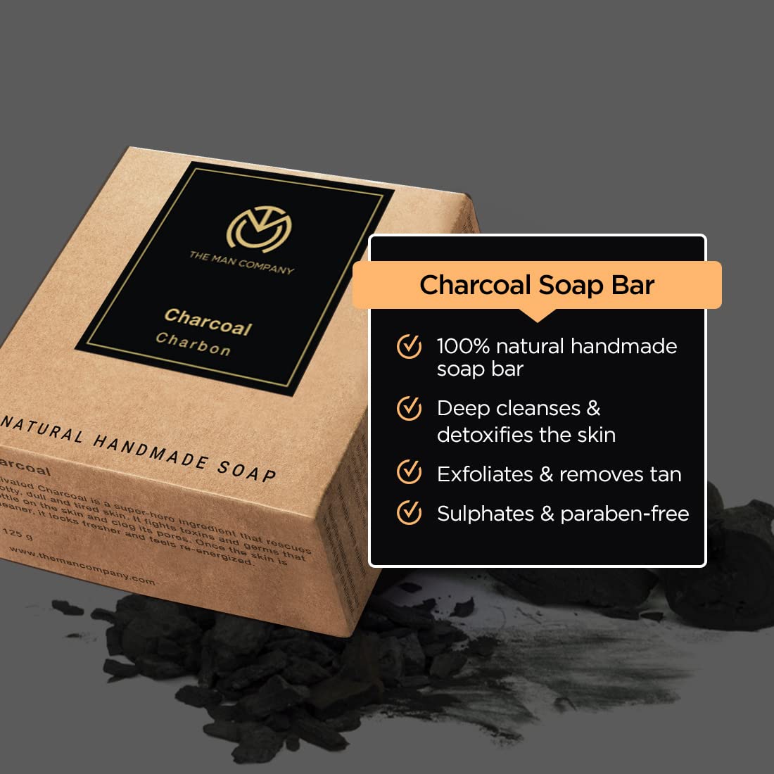 The Man Company Activated Charcoal Natural Handmade Soap - Tan & Dead Skin Remover (125g) | Deep Cleansing Face & Body Wash for Men | Perfect for Daily Skincare & Acne Treatment