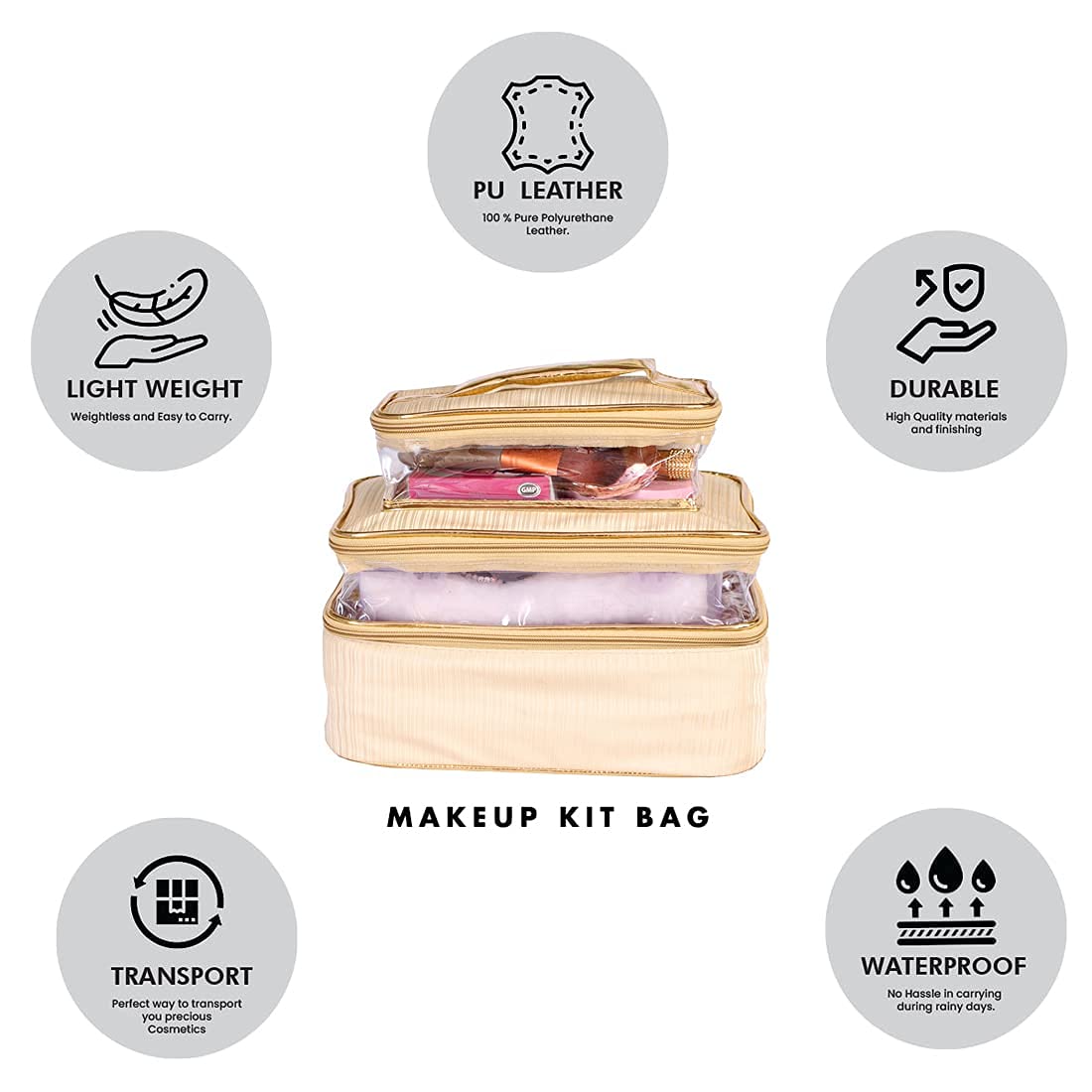 Gold Makeup Box Cosmetic Bag and Pouch - Elegant N A Purse for Women | Perfect for Travel, Bridal Makeup & Daily Organizer (LINE TC 3F G01)
