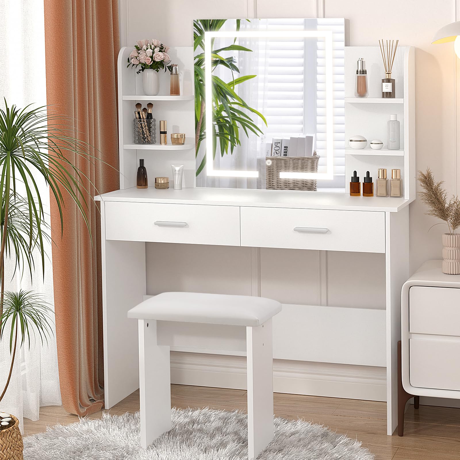 SMOOL Vanity Desk with LED Lighted Mirror - Adjustable Brightness 3-Color Lighting Makeup Dressing Table with 6 Storage Shelves & 2 Large Drawers, White Vanity Set for Women & Girls | Perfect for Bedroom, Dorm Room, and Home Beauty Salon