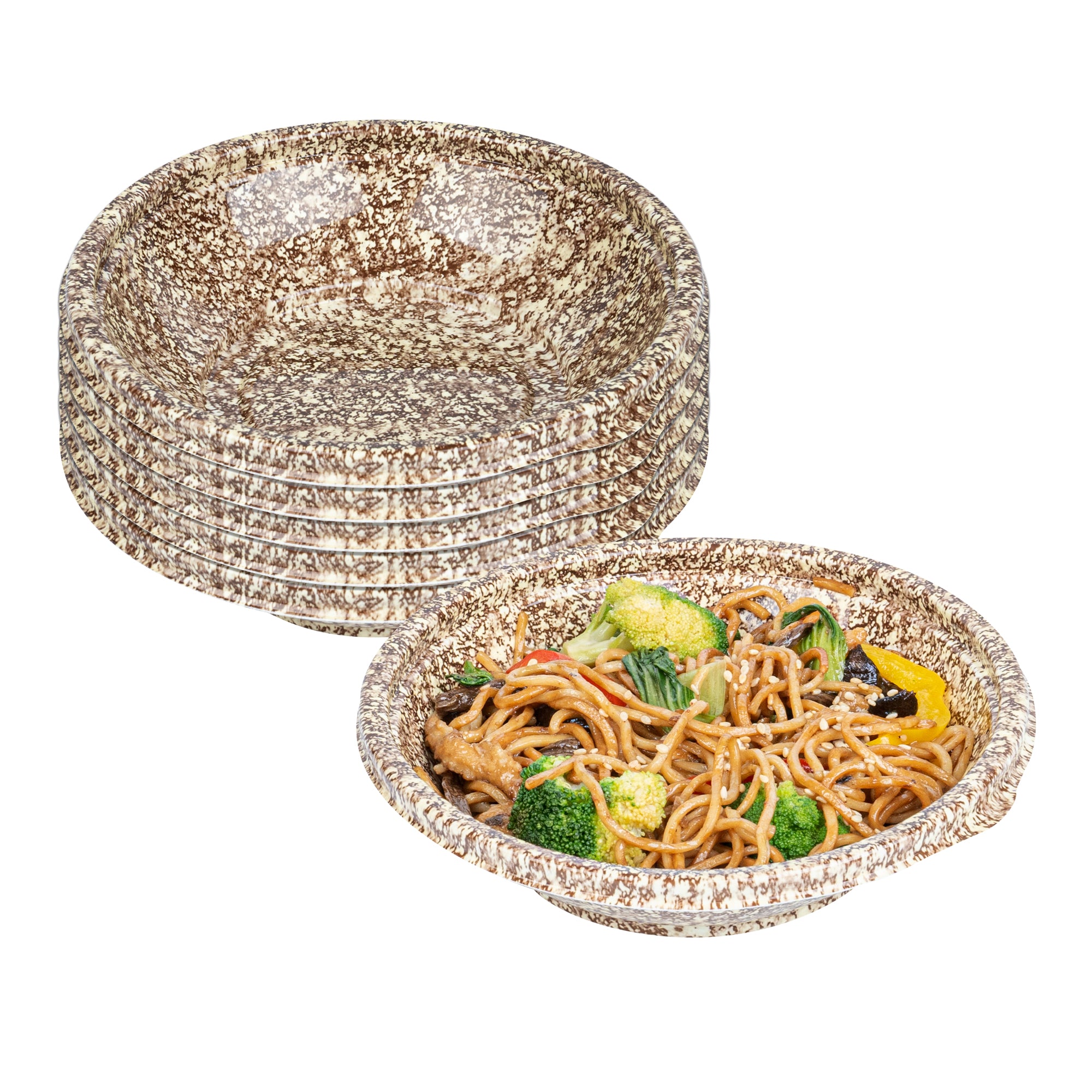 Bento Tek 10 oz Round Brown & White Plastic Asian Style Microwave-Safe Bowl - 6.75 x 6.75 x 1.5 Inches - Pack of 400 - Perfect for Meal Prep, Takeout, and Restaurant Use