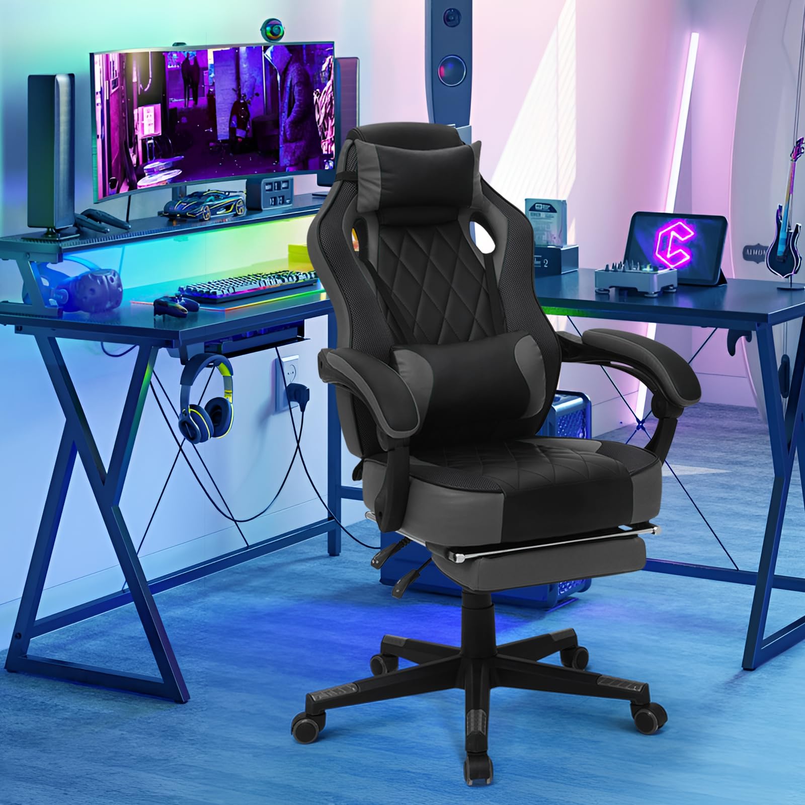 Ergonomic Gaming Chair with Footrest & Headrest Lumbar Support - Adjustable Height Swivel Computer Office Chair for Adults & Kids (Grey) - Perfect for Gaming, Working & Home Office Use