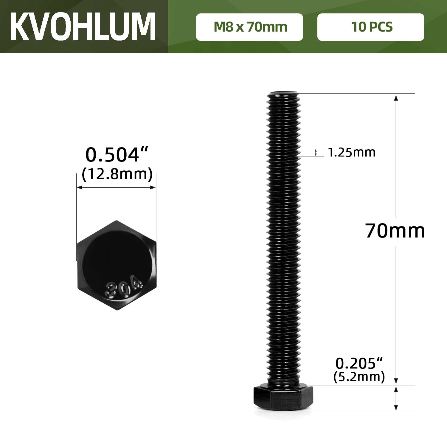 M8 x 70mm Hex Head Screws 10pcs - 304 Stainless Steel Bolts for DIY & Construction