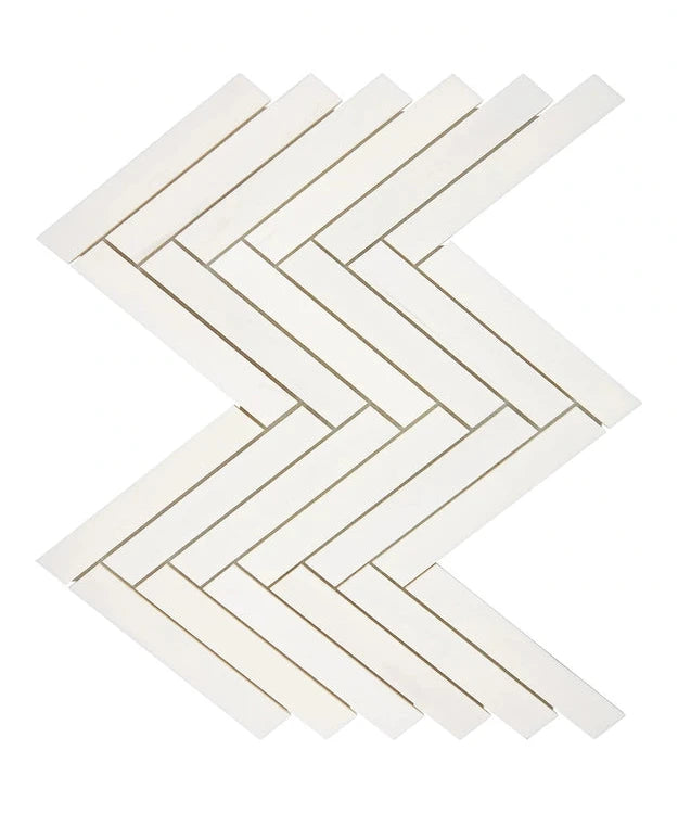 Bianco Dolomite 1x6 Herringbone Mosaic Tile - White Marble Floor and Wall Tile for Bathroom, Kitchen, Shower Backsplash