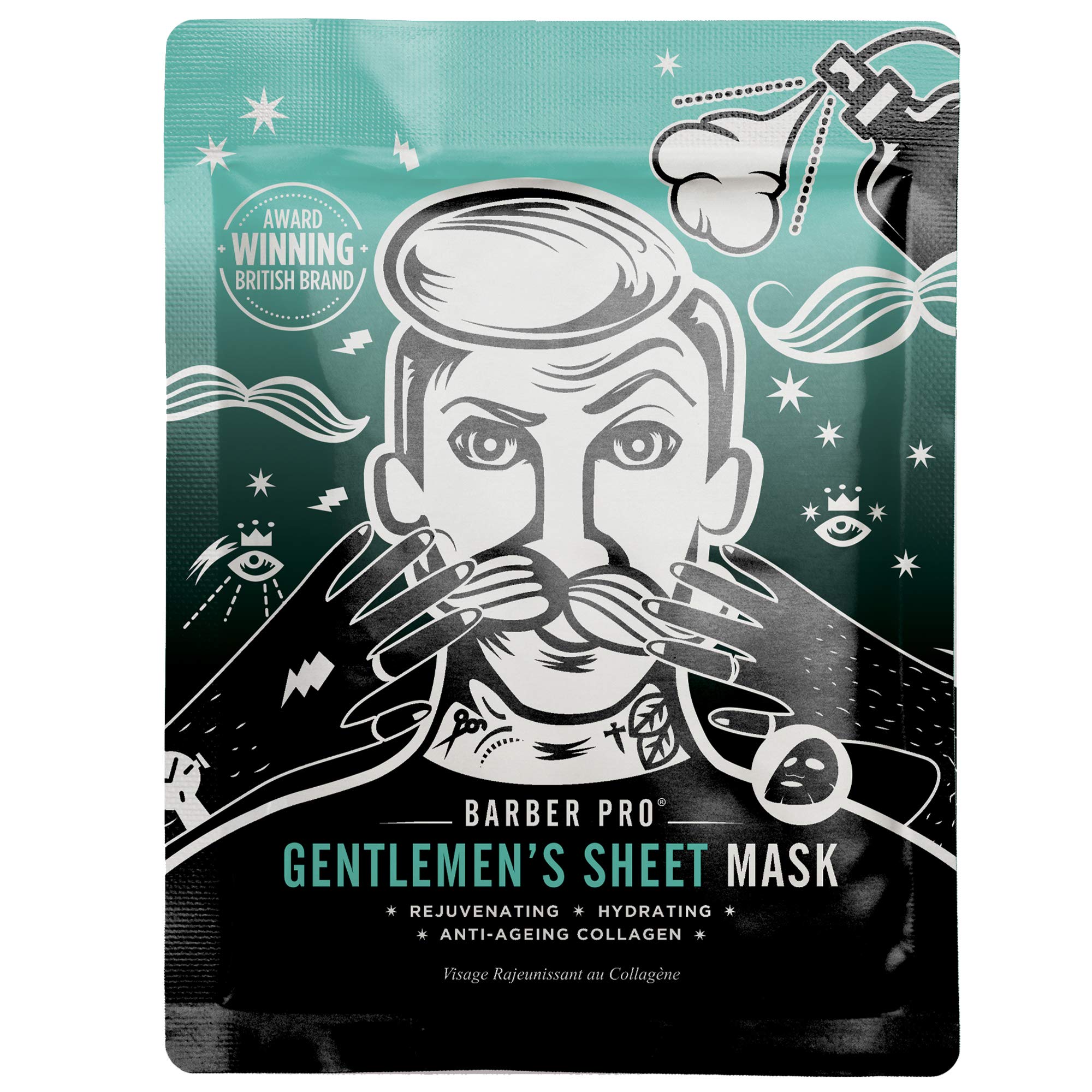 BARBER PRO Gentlemen's Sheet Mask - Anti-Aging Collagen Hydrating Face Mask for Men with Green Tea & Seaweed Extract | Rejuvenating & Cleansing Skincare | Witch Hazel Formula | Multi-Award Winning Brand | Perfect for Post-Shave Care & Daily Skincare Routine
