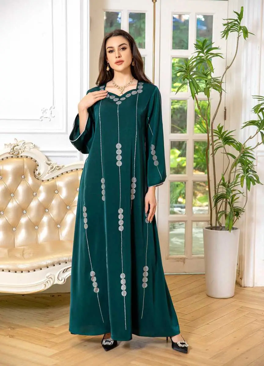 Elegant Hotfix Rhinestone Satin Jalabiya Caftan Dress for Women - Perfect for Eid Celebrations, Weddings & Special Occasions