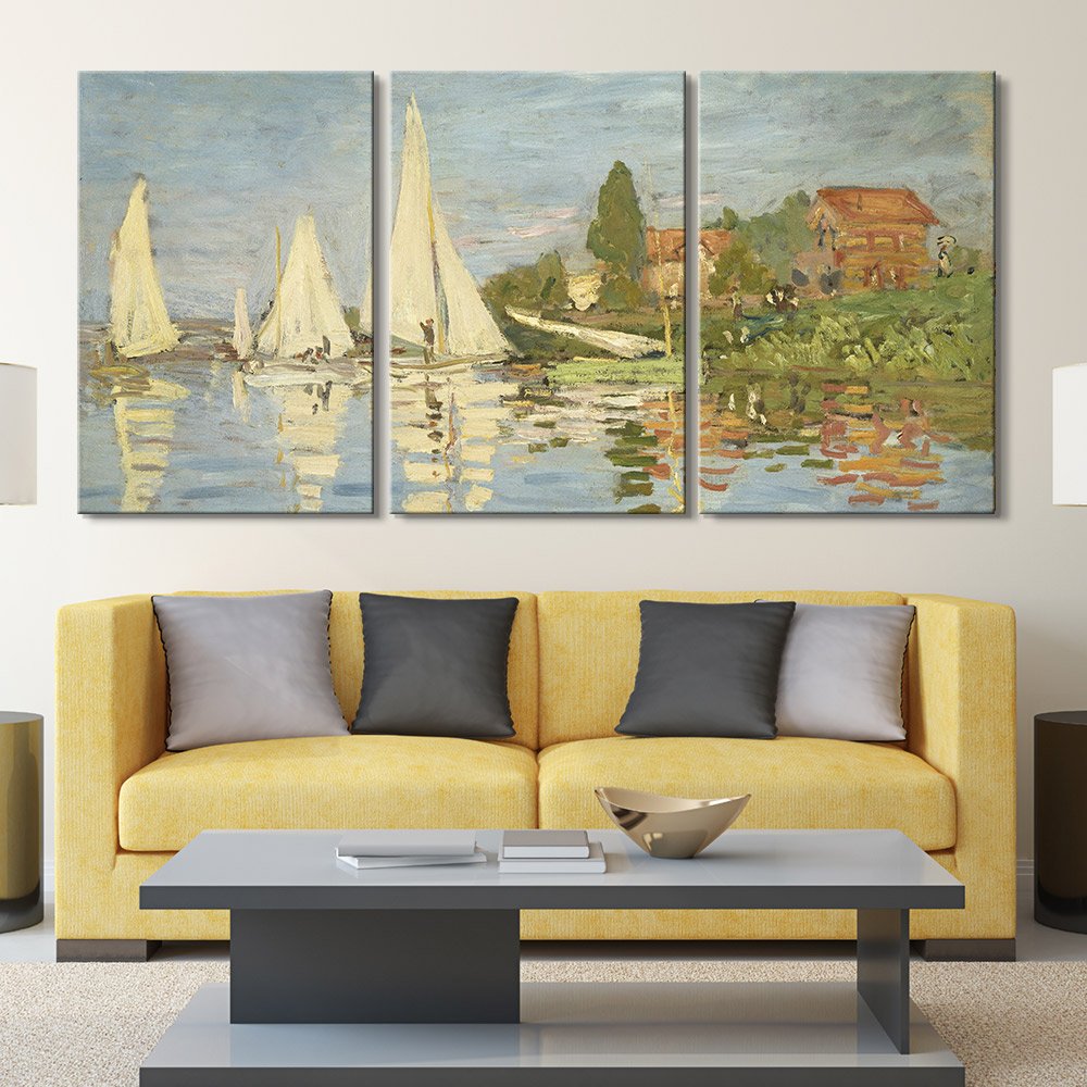 Claude Monet Regattas at Argenteuil 3-Panel Canvas Wall Art - 24x36 Inch Giclee Print Gallery Wrap Modern Home Decor - Perfect for Living Room, Bedroom & Office Decoration