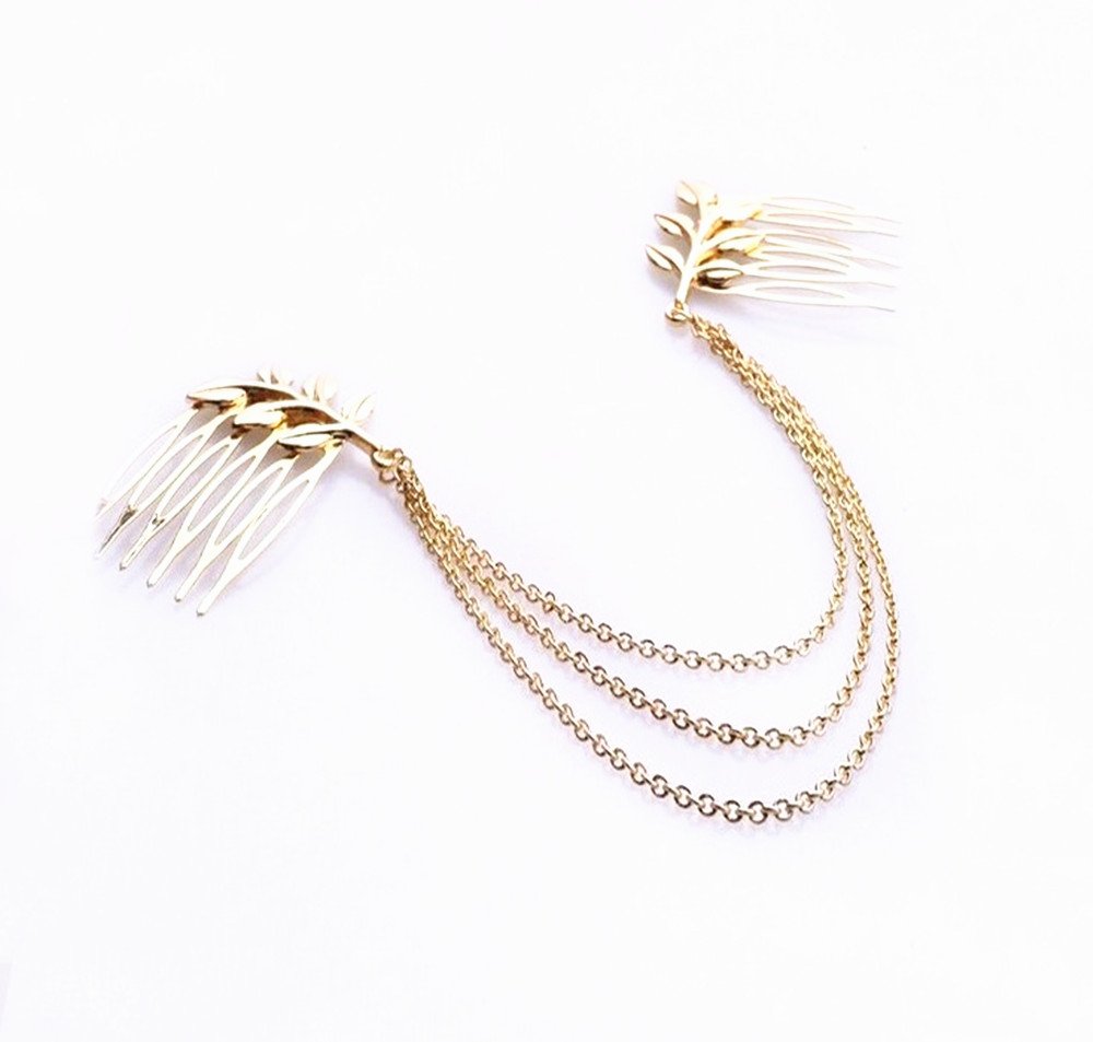 Yueton 2 Pack Fashion Women's Athena Olive Branch Tassel Leaf Hair Clips - Boho Hair Barrettes Bobby Pins for Bridal Headwear, Edge Clips, Cuffs & Headbands - Perfect for Weddings, Parties & Everyday Boho Style
