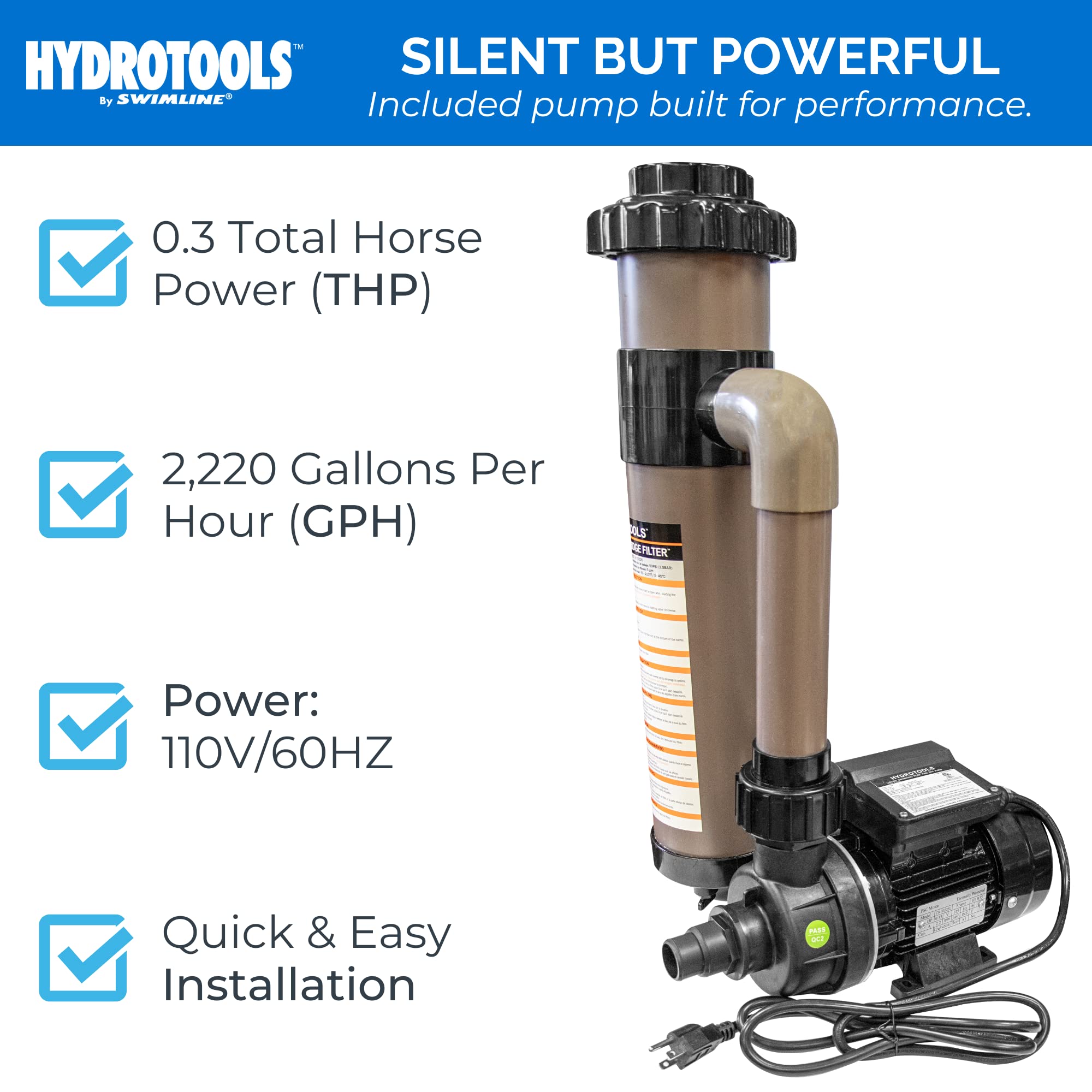 HYDROTOOLS Above Ground Pool Sand & Cartridge Filter Pump System | 12-16 Inch & 8-40 SF Cleaner | 1/3 to 1 HP Motor | Compatible with Intex, Bestway Soft-Sided Pools | 40mm to 1.5 Inch Hose Conversion | Perfect for Backyard Swimming Pool Maintenance & Water Filtration
