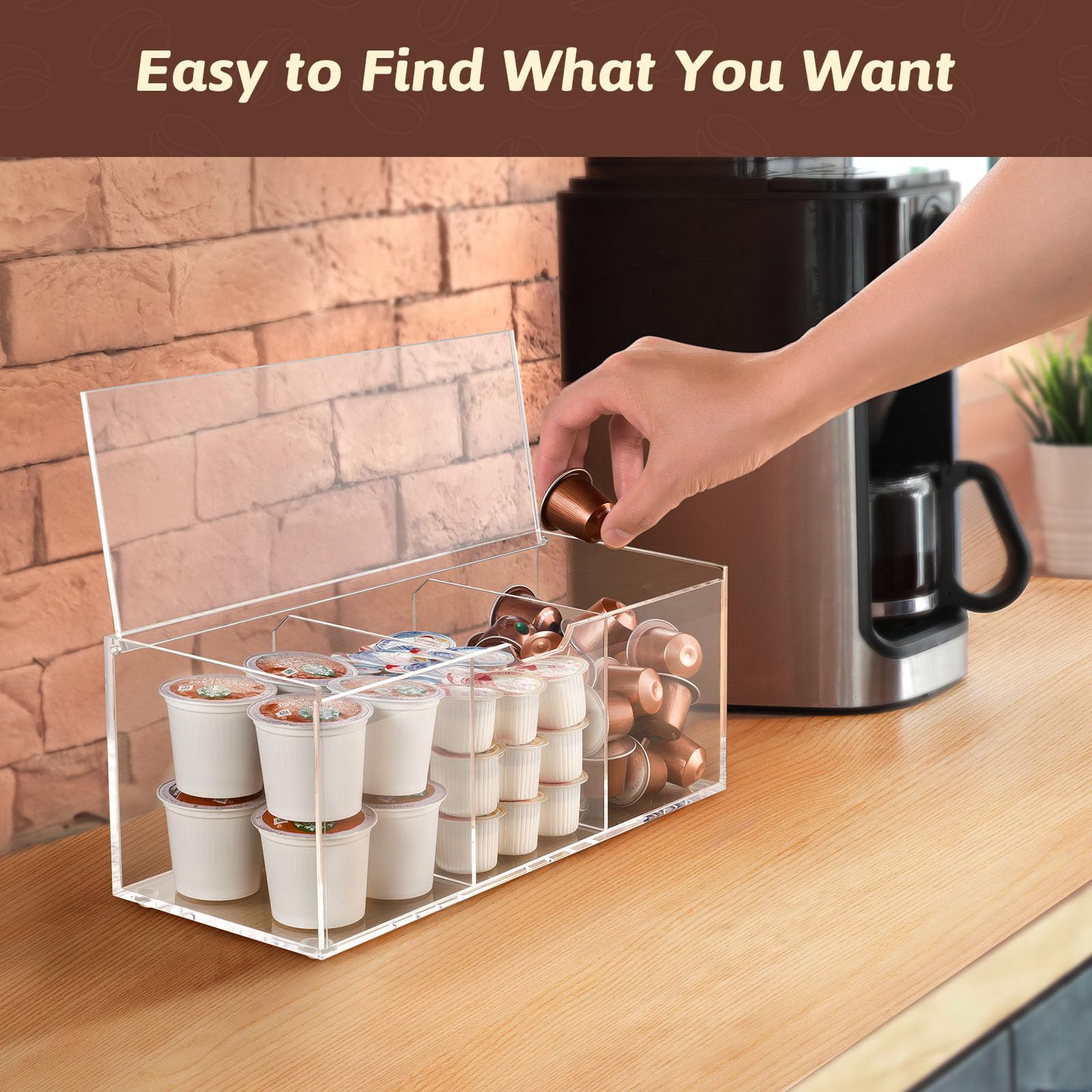 BEYGORM Clear Acrylic Coffee Pod Holder with Lid - 24 K-Cup Storage Organizer, 3 Compartment Coffee Bar Station for Keurig Pods & Creamers | Perfect for Kitchen Countertop & Office Coffee Station Organization