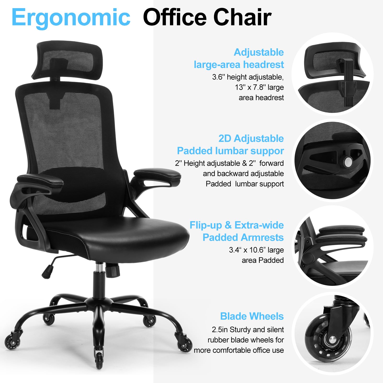 Ergonomic Office Chair with Adjustable Lumbar Support - High Back Mesh Desk Chair with Blade Wheels for Home Office - Perfect for Long Hours of Comfortable Work and Video Conferencing