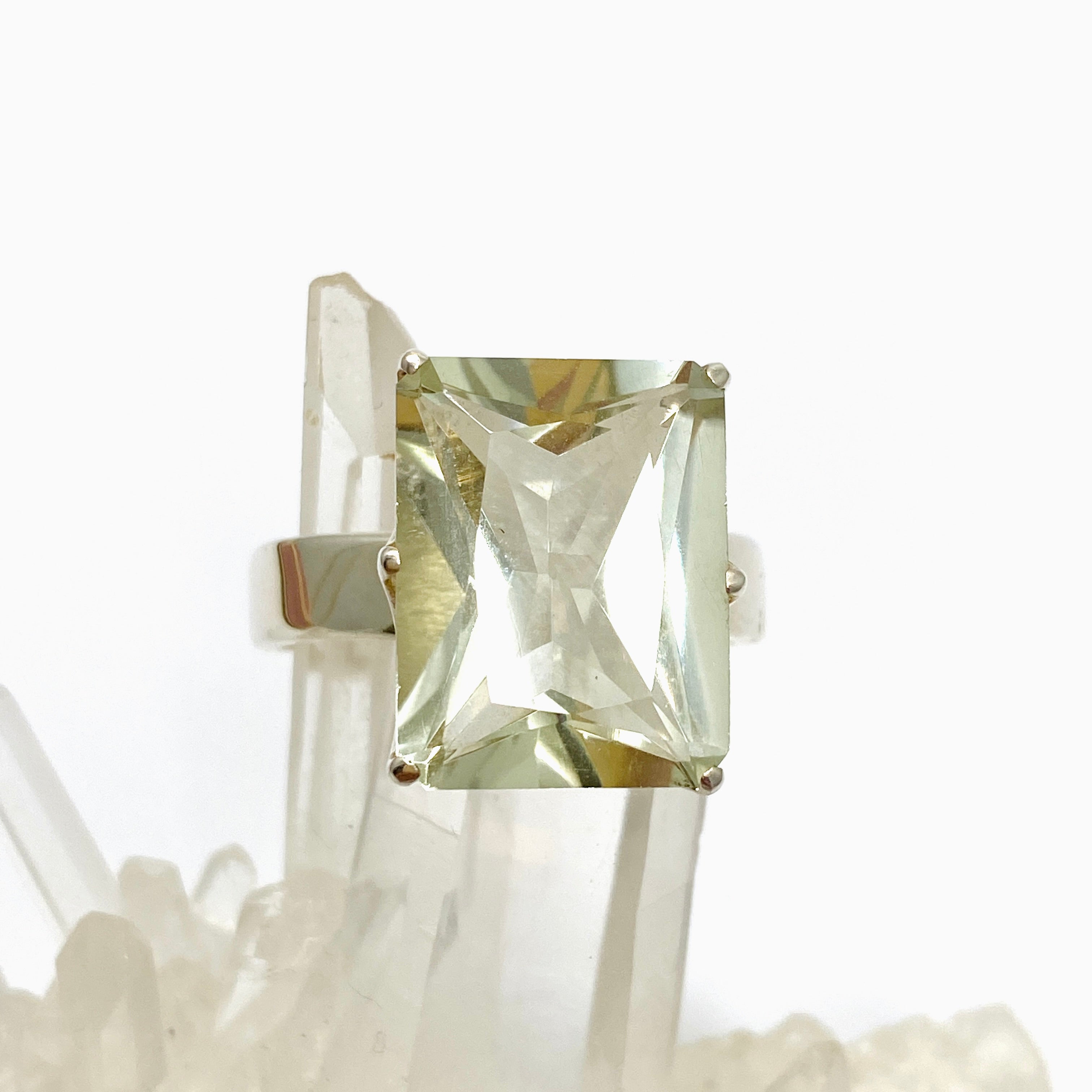 Prasiolite (Green Amethyst) Emerald Cut Faceted Ring - Size 13 - Sterling Silver Jewelry PRGJ616 - Perfect for Weddings, Anniversaries & Special Occasions