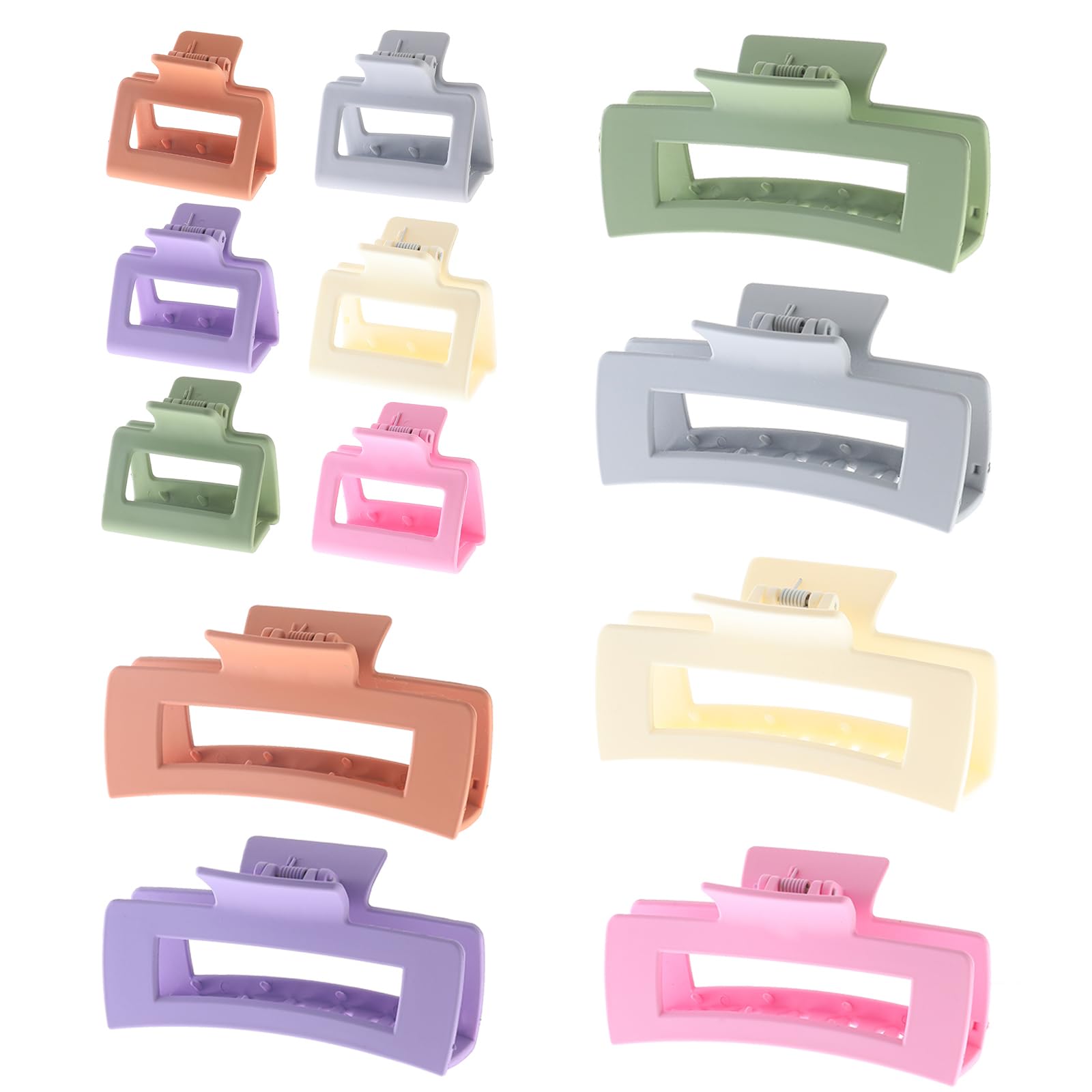 12 Pack Square Colorful Hair Clips for Women - Big & Small Neutral Rectangle Claw Clips, Non-Slip Matte Hair Accessories with Strong Hold for Thick or Thin Hair (Silver, Brown, White, Pink) - Perfect for School, Work, Parties & Everyday Styling