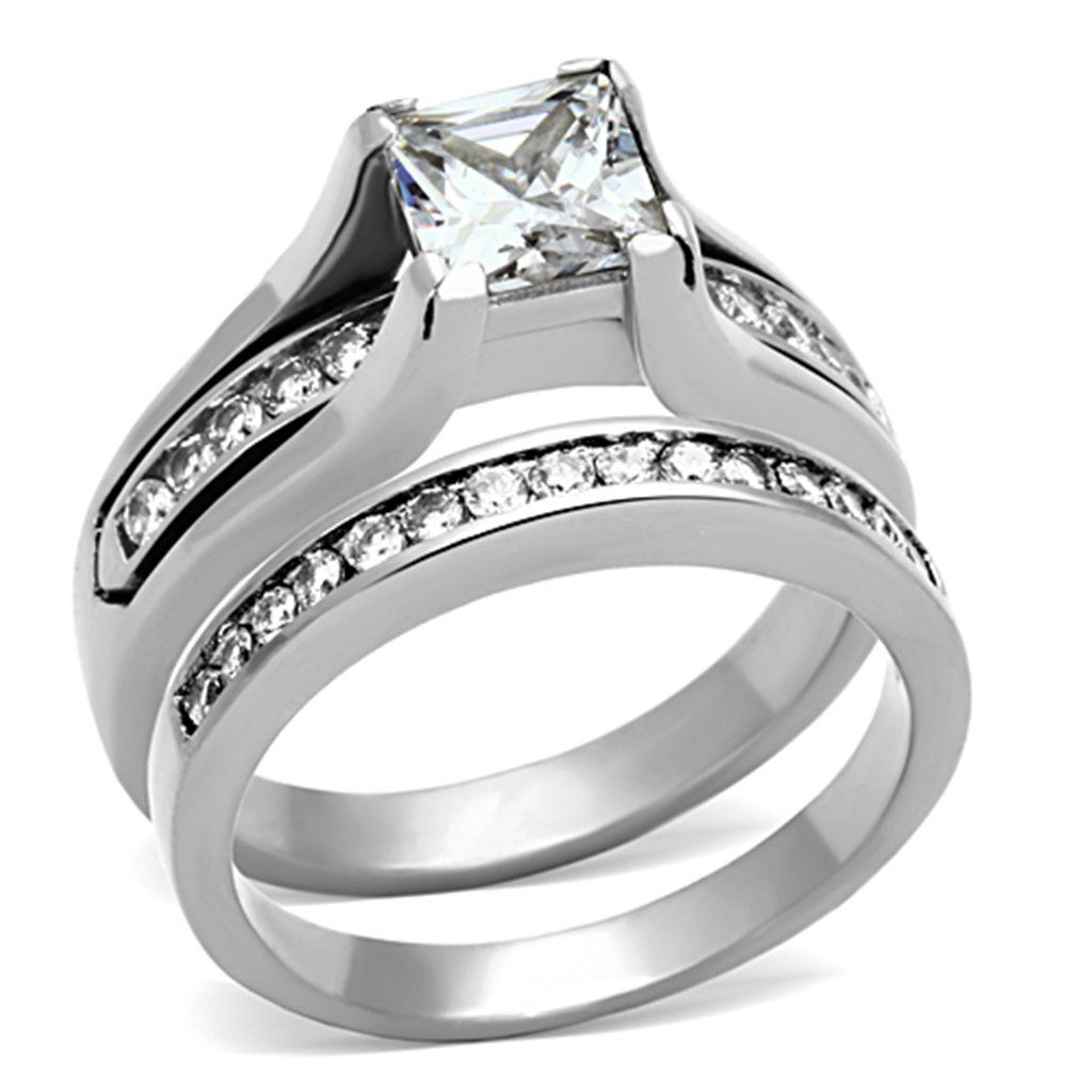 7x7mm Princess Cut CZ Stainless Steel Tarnish-Free Engagement Ring Set - Wedding, Proposal & Anniversary Jewelry Gift for Her