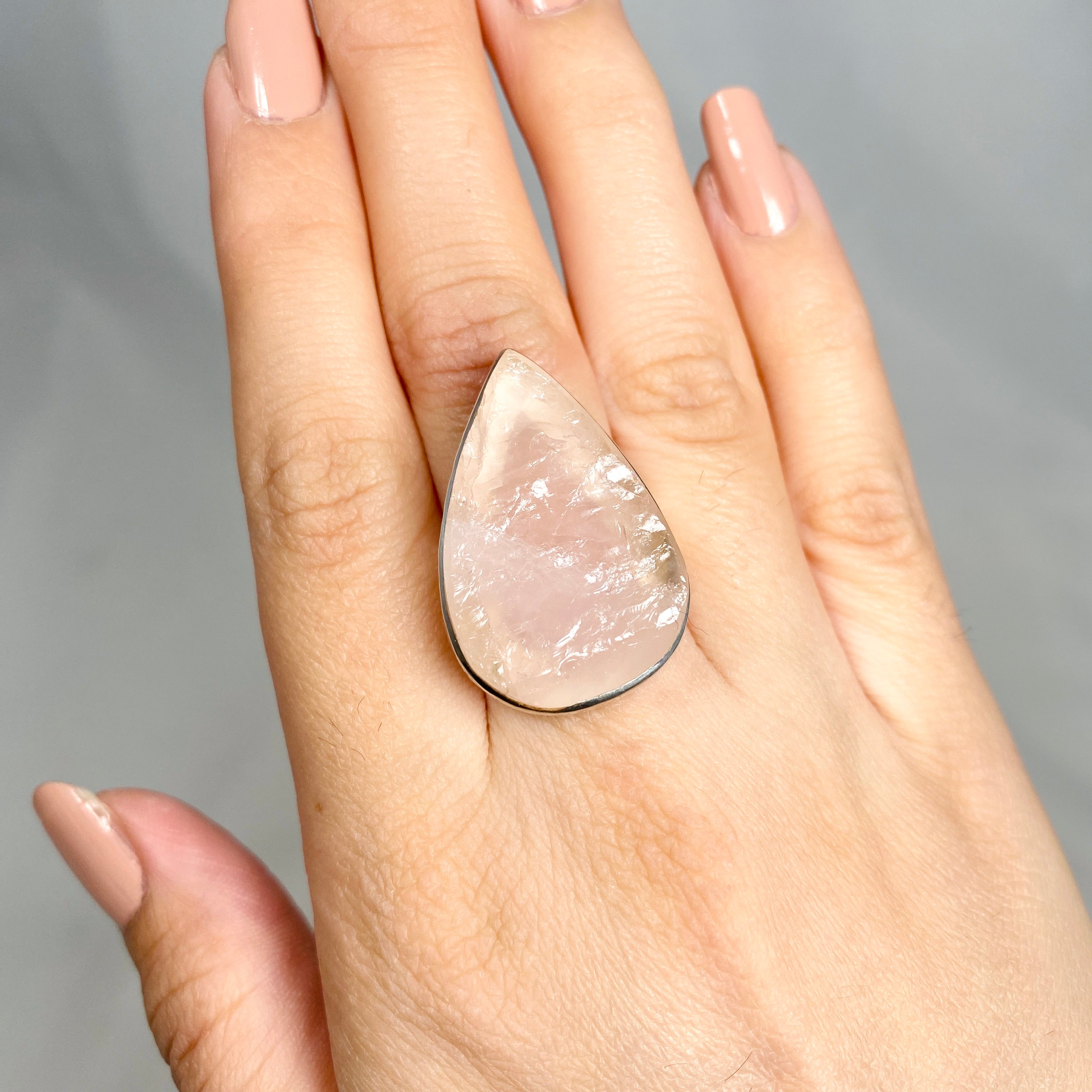 Rose Quartz Raw Teardrop Ring with Hammered Band - Size 9 (KRGJ1301) | Handmade Boho Jewelry for Women, Healing Crystal Gift for Meditation & Spiritual Wellness