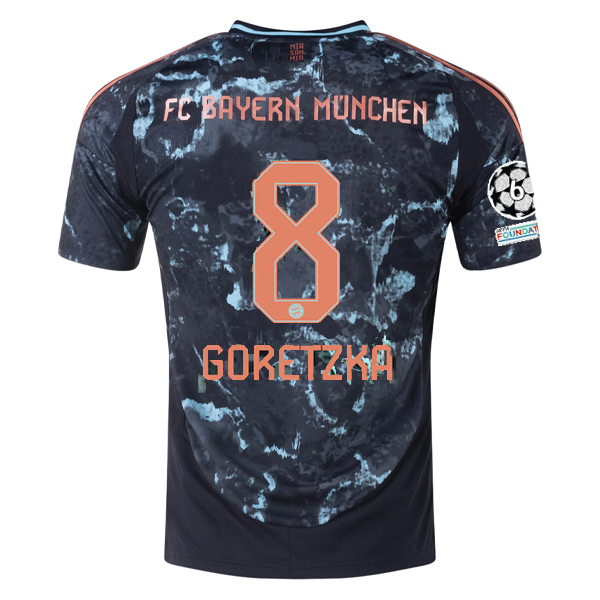 Adidas Bayern Munich Leon Goretzka Authentic Away Jersey 24/25 - Black/Copper/Blue with Champions League Patches | Official Soccer Jersey for Fans & Match Days