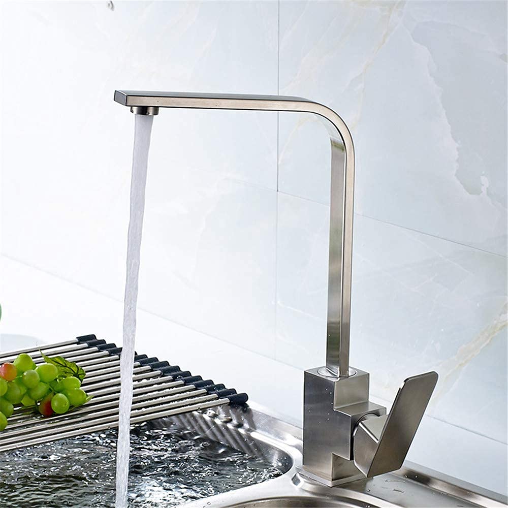 Stainless Steel Single Hole Kitchen Faucet with Pull Down Sprayer - Cold & Hot Water Mixer, Square One Handle 7-Inch Swivel Spout with Aerator for Modern Home Kitchen Sink