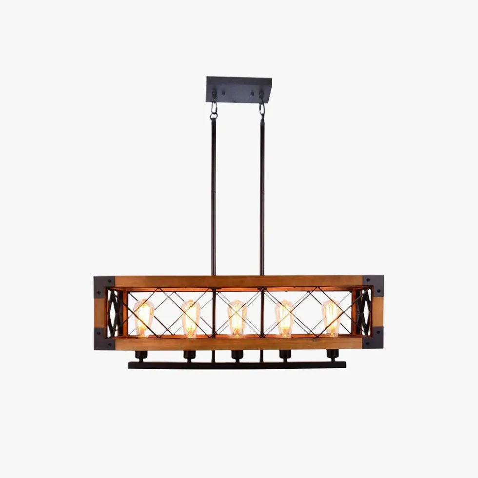 Modern Rectangular Wooden Frame Metal Rod Dining Pendant Light - Farmhouse Style Hanging Chandelier for Kitchen Island, Dining Room, and Breakfast Nook Lighting