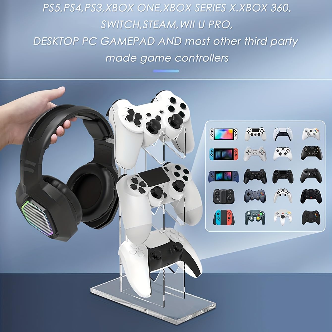3-Tier Universal Controller Stand for Xbox Series X, One, 360, PS5, PS4, Switch & PC - White Gaming Headset & Gamepad Holder - Perfect for Organized Gaming Setup & Display