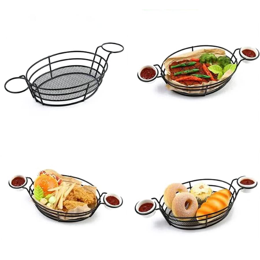 Stainless Steel French Fry Basket Holder - Fast Food Serving Rack with Sauce Cups for Chips, Onion Rings, Chicken Wings - Perfect for Restaurants, Diners & Home Kitchen Use