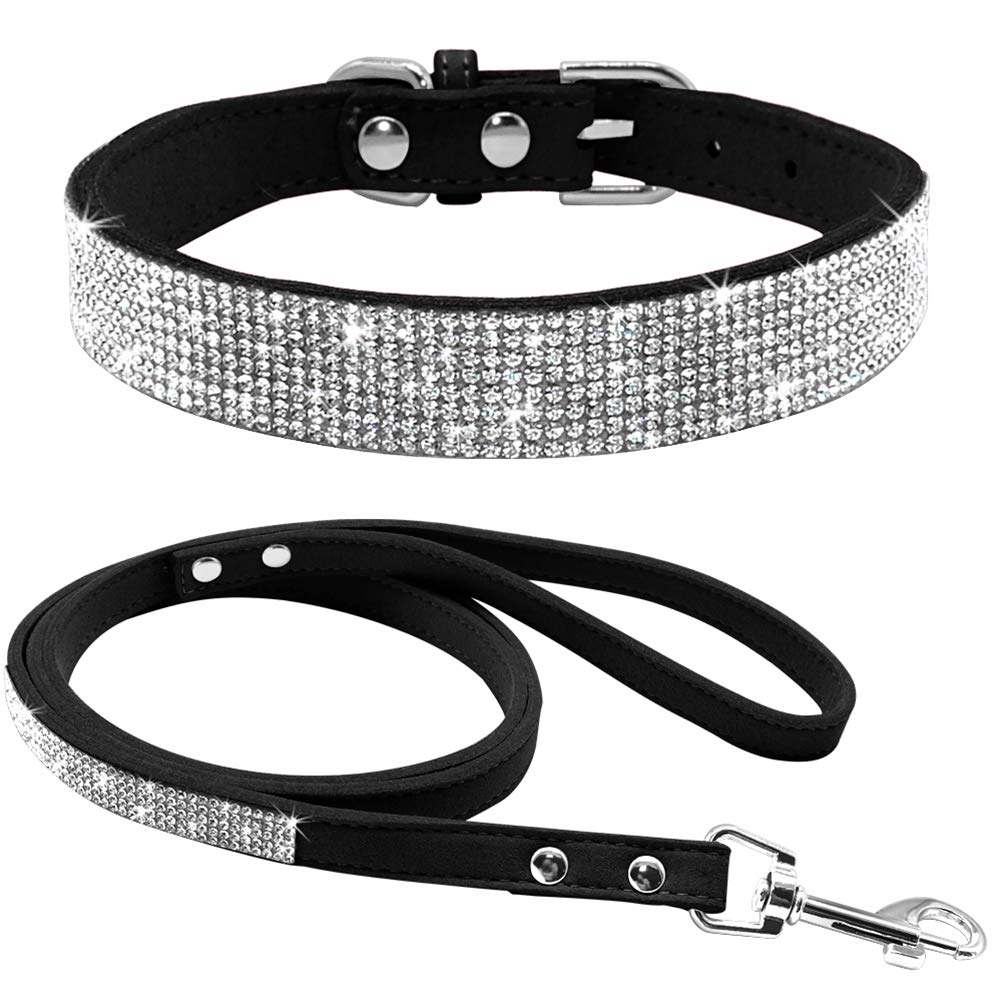 Premium Suede Leather Dog Collar & Leash Set with Rhinestone Crystals - Soft Adjustable Pet Collar for Small Dogs & Cats - Chihuahua Black - Perfect for Daily Walks & Special Occasions