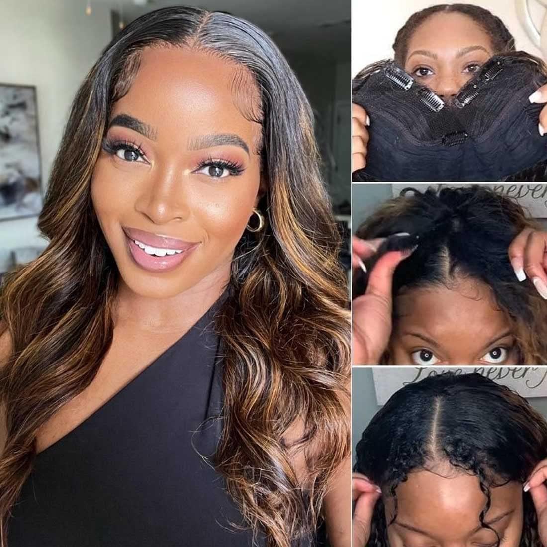 Xagujpo 26inch Body Wave V Part Human Hair Wig - No Sew #FB30 Ombre Brown U Part Wig with 180% Density - Highlighted Human Hair Wigs for Women | Perfect for Daily Wear, Parties & Special Occasions