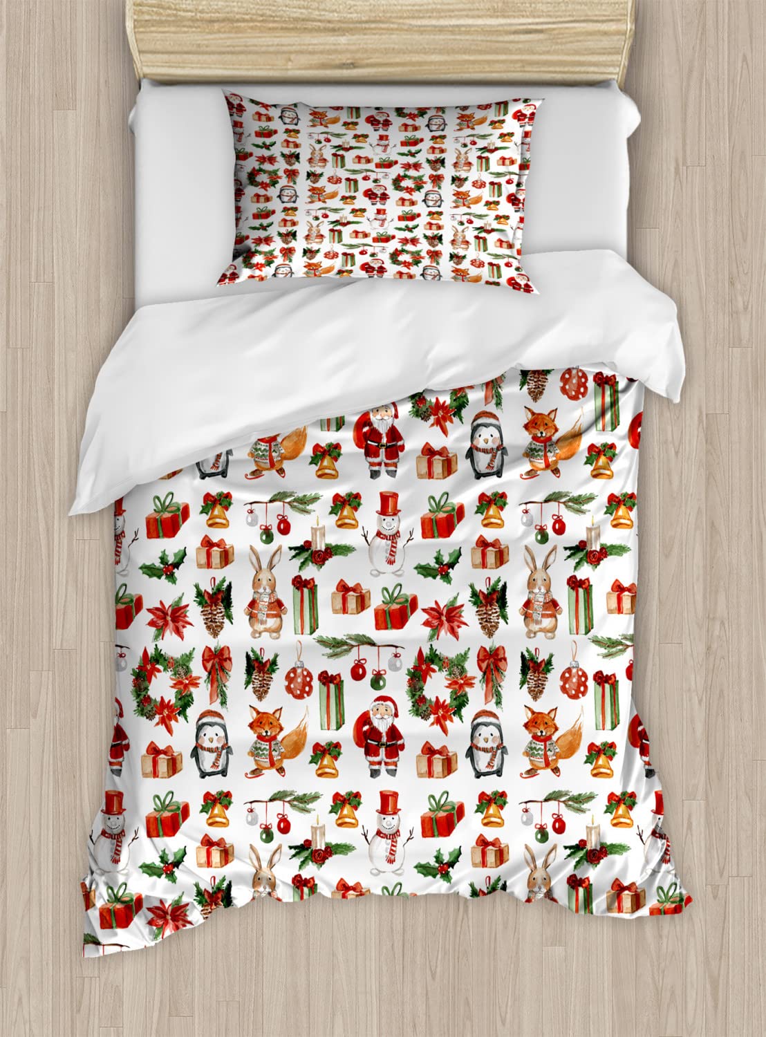Ambesonne Christmas Duvet Cover Set - Traditional Holiday Rabbits Santa Claus Pine Cones Candles Design - 2 Duvet Covers & 4 Pillowcases - 2 Pack California King Size - Red Green Orange - Perfect for Holiday Bedroom Decor & Festive Gift Giving