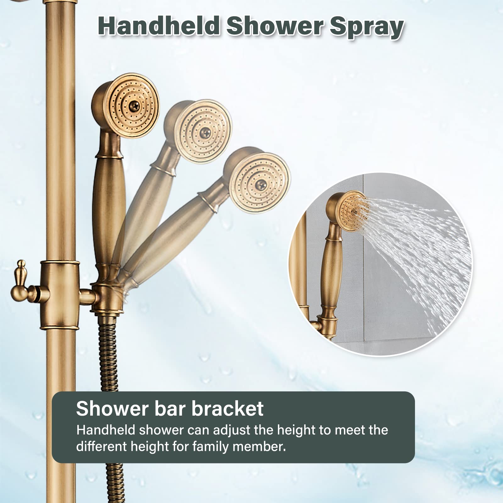 Antique Brass Shower Faucet System Set - 8 Inch Rainfall Shower Head & Handheld Spray with 2 Knobs Mixing Valve - Perfect for Bathroom Renovation & Luxury Spa Experience
