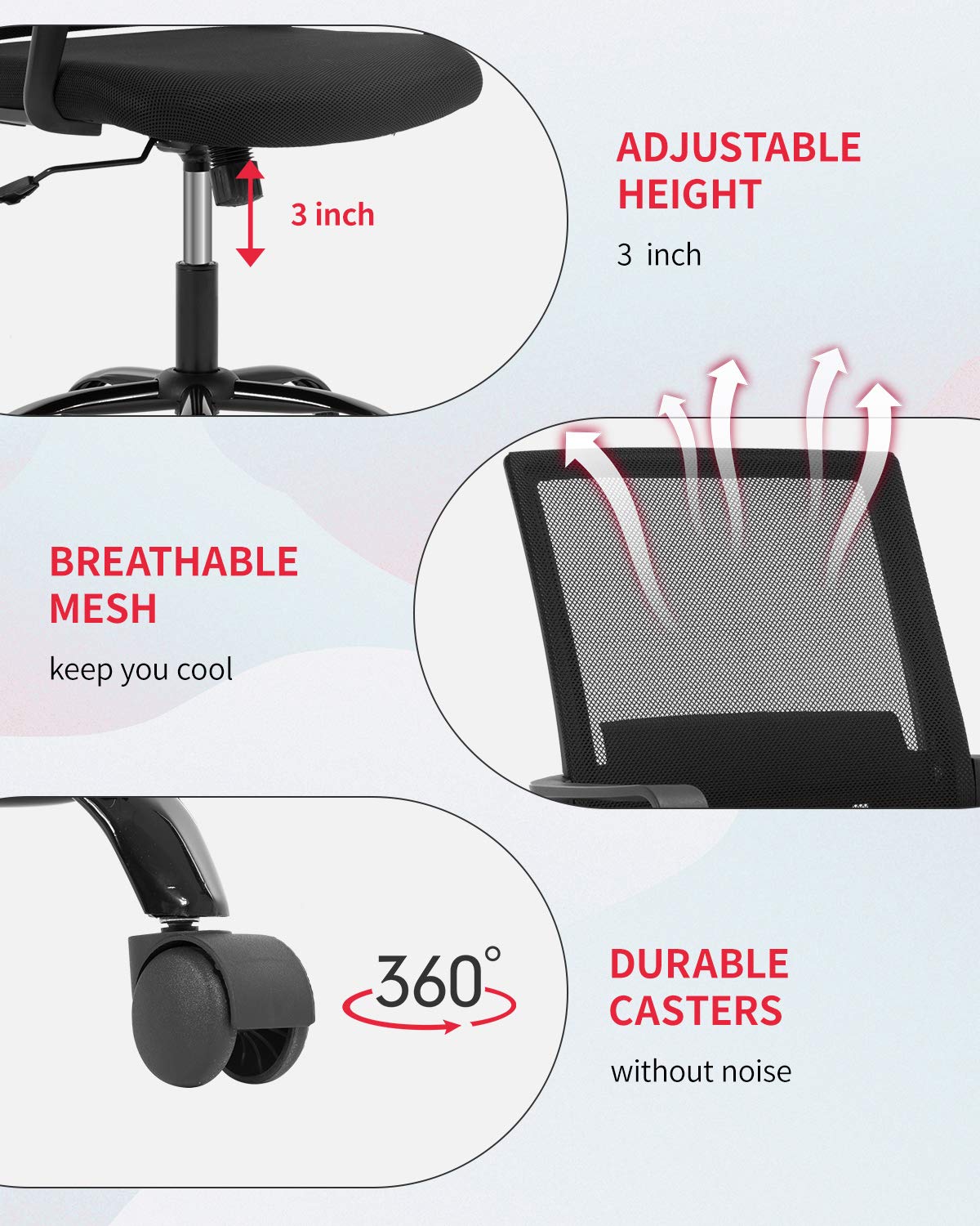 Ergonomic Mesh Office Chair with Wheels & Lumbar Support - Adjustable Mid-Back Swivel Task Chair for Home Office, Computer Desk & Executive Work - Comfortable Breathable Mesh Back & Armrests (Black) - Perfect for Long Work Hours, Gaming & Remote Work Setup