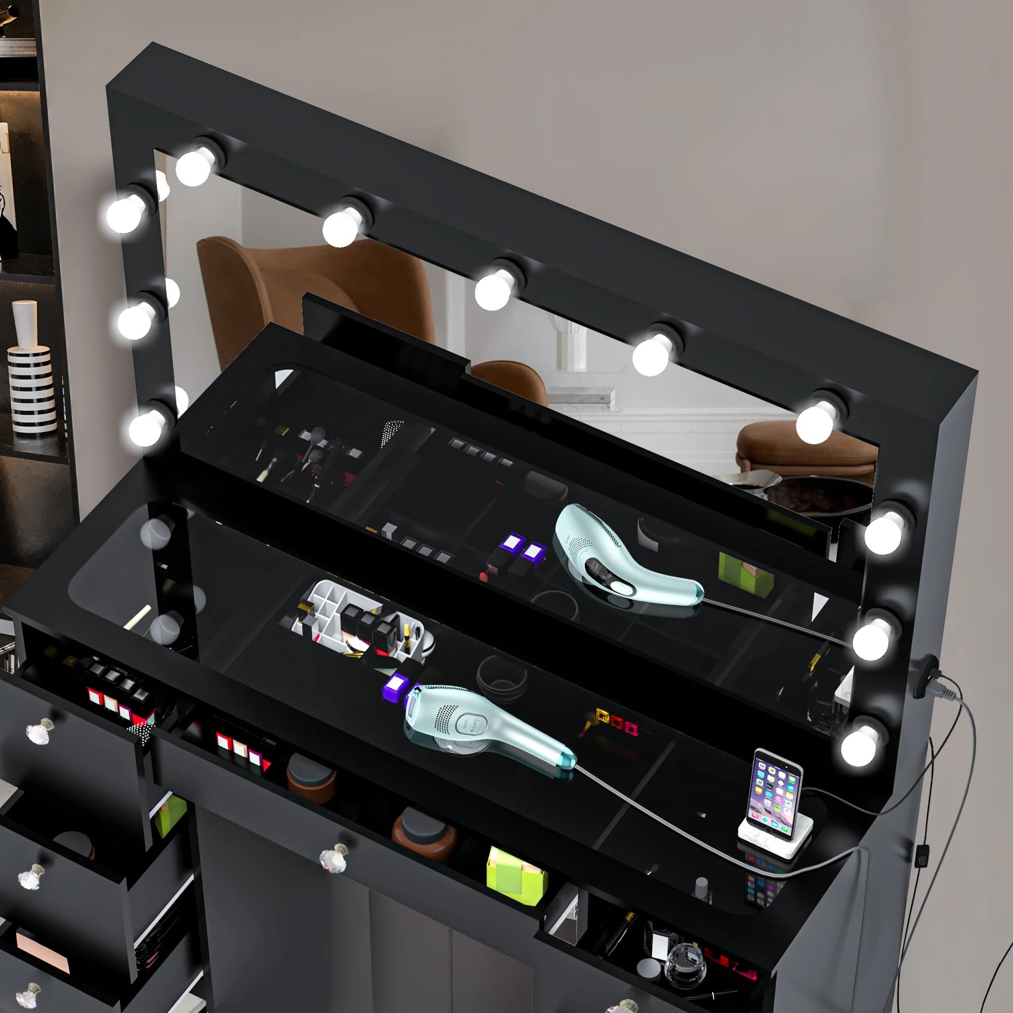 Boahaus Yara Large Makeup Vanity Desk with Hollywood Lights & 7 Drawers - USB Type-C/A Ports, 110V Outlet, Hair Dryer Hanger - Glass Top & Crystal Knobs - Black Finish for Bedroom, Dressing Room & Beauty Salon