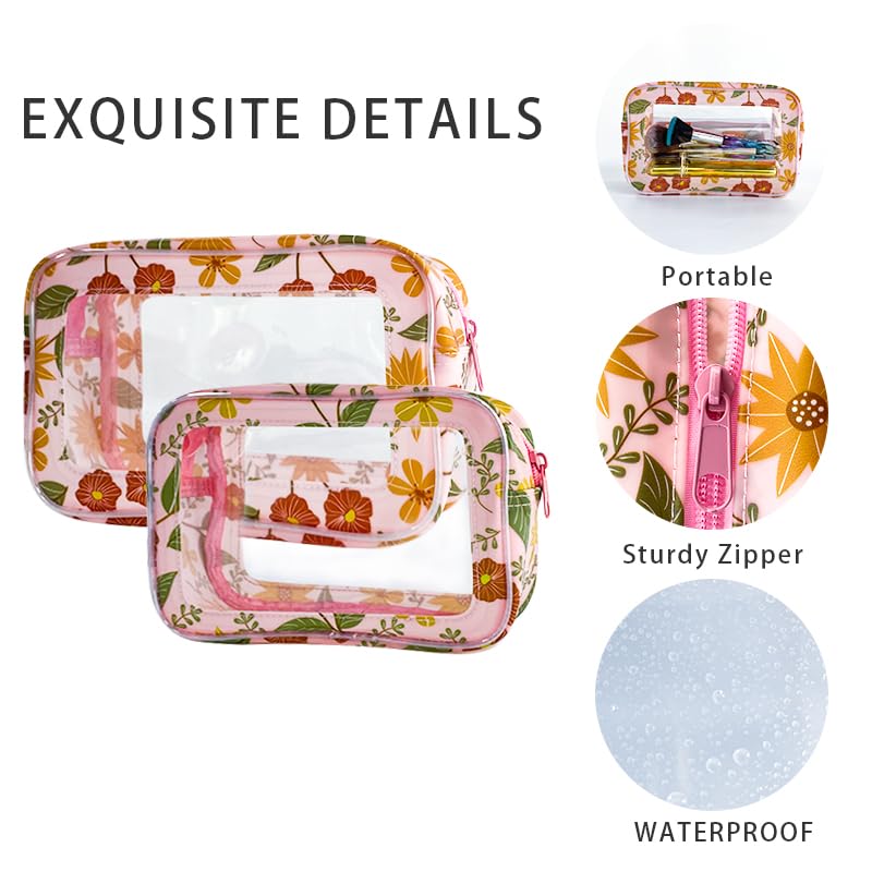 ONEART 2-Pack Clear Floral Makeup Bags - Waterproof Travel Toiletry Organizer for Cosmetics, Jewelry & Accessories | Transparent Storage Pouch for Bathroom, Gym, Beach & Vacation Essentials