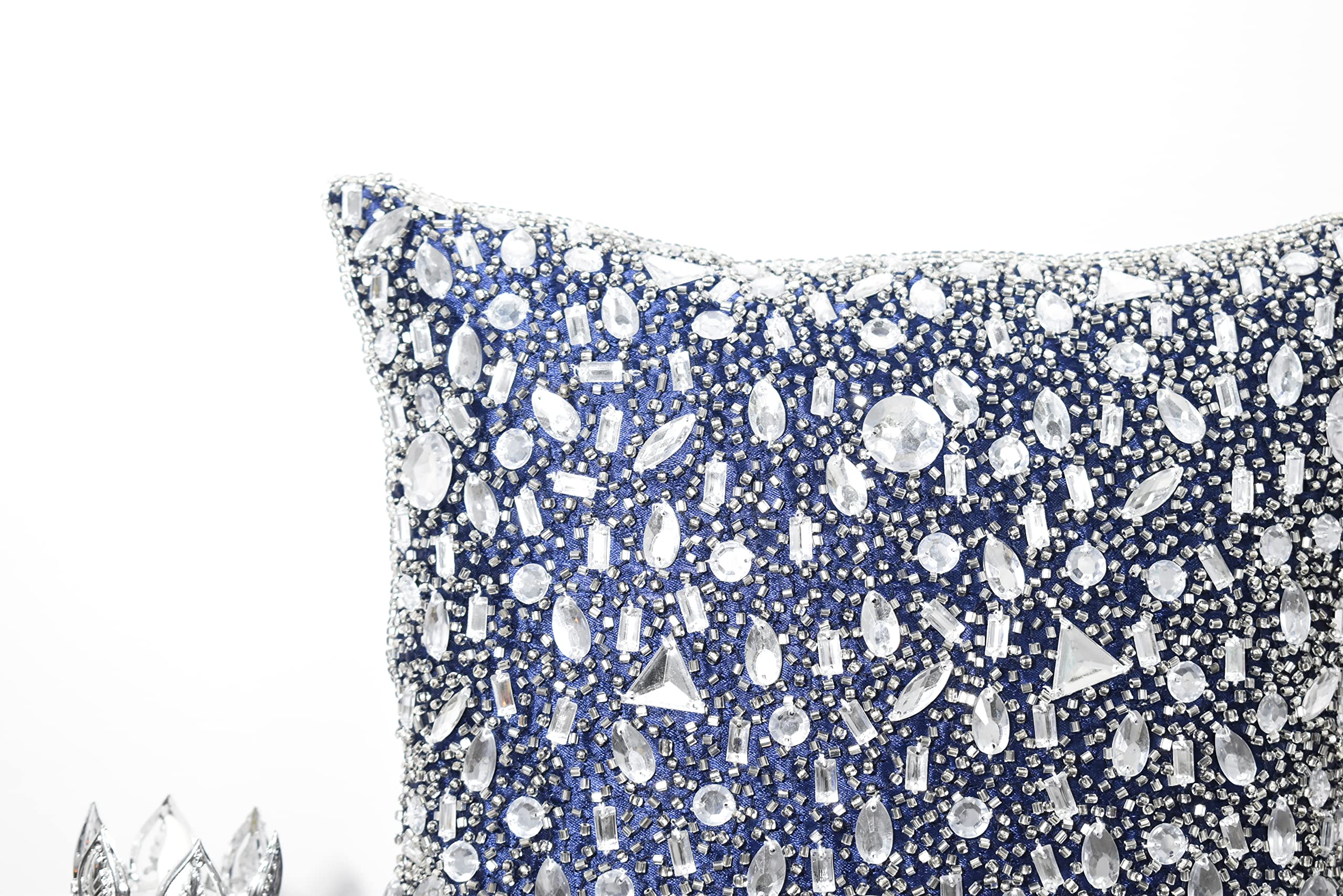 Luxury Navy Blue Silver Beaded Throw Pillow Cover - Handmade Embroidered Decorative Pillow for Sofa, Bed, Couch - Modern Contemporary Embellished Custom Design (26x26 Inches) - Perfect for Living Room, Bedroom Decor