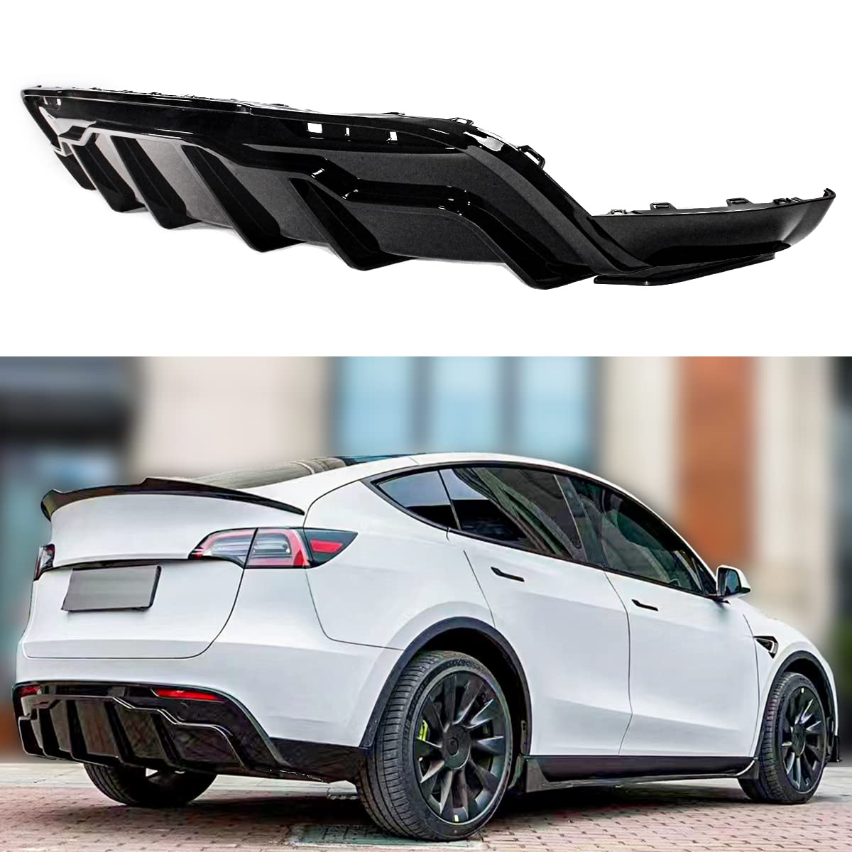 Aggressive Shark Fin Style Rear Bumper Diffuser - Gloss Black Painted with Corner Extensions for 2020-2022 Tesla Model Y | Enhances Aerodynamics & Sporty Look for Street Racing & Car Shows