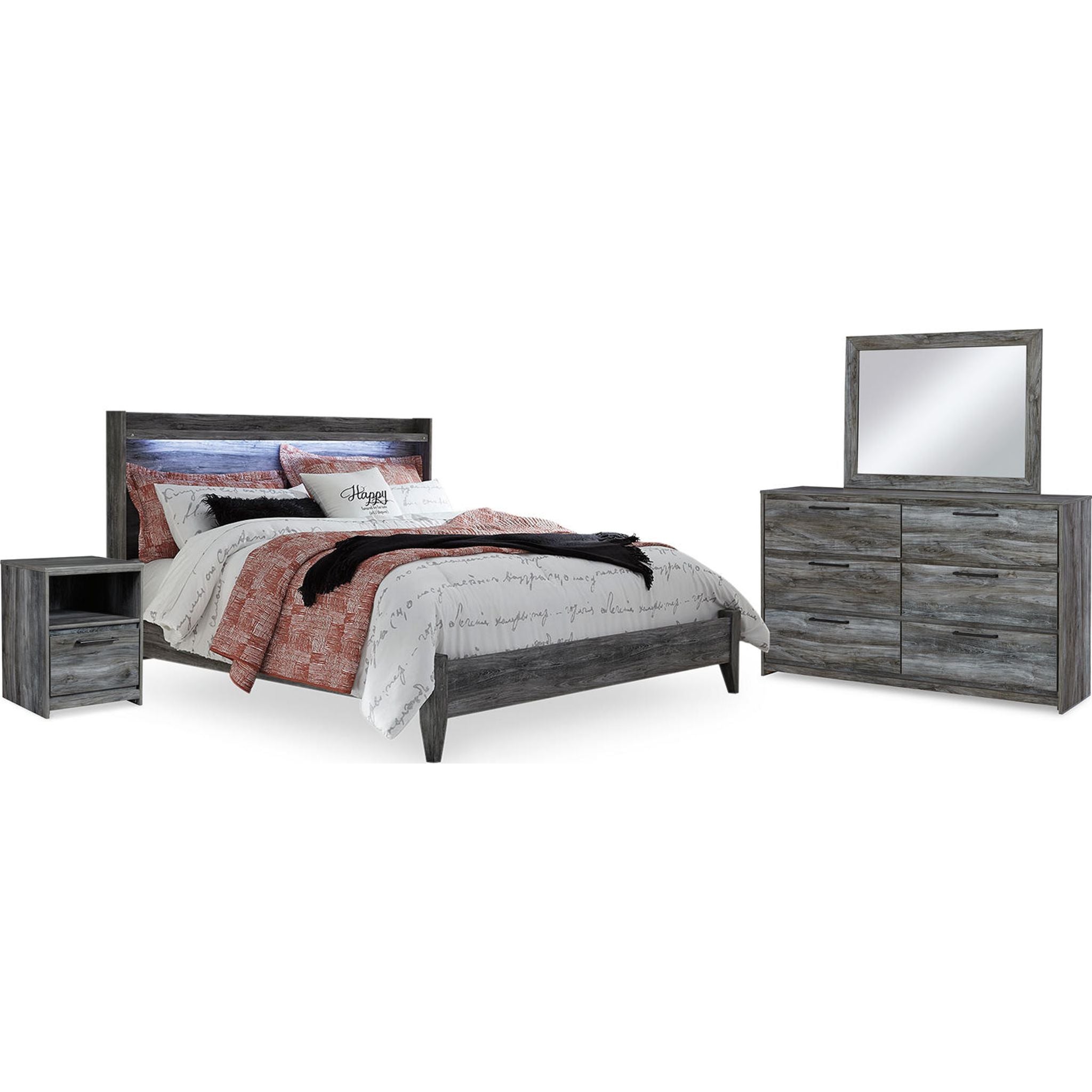 Baystorm 6-Piece King Size Bedroom Set with Panel Headboard - Modern Gray Bed Frame, Nightstands & Dresser for Master Bedroom Decor