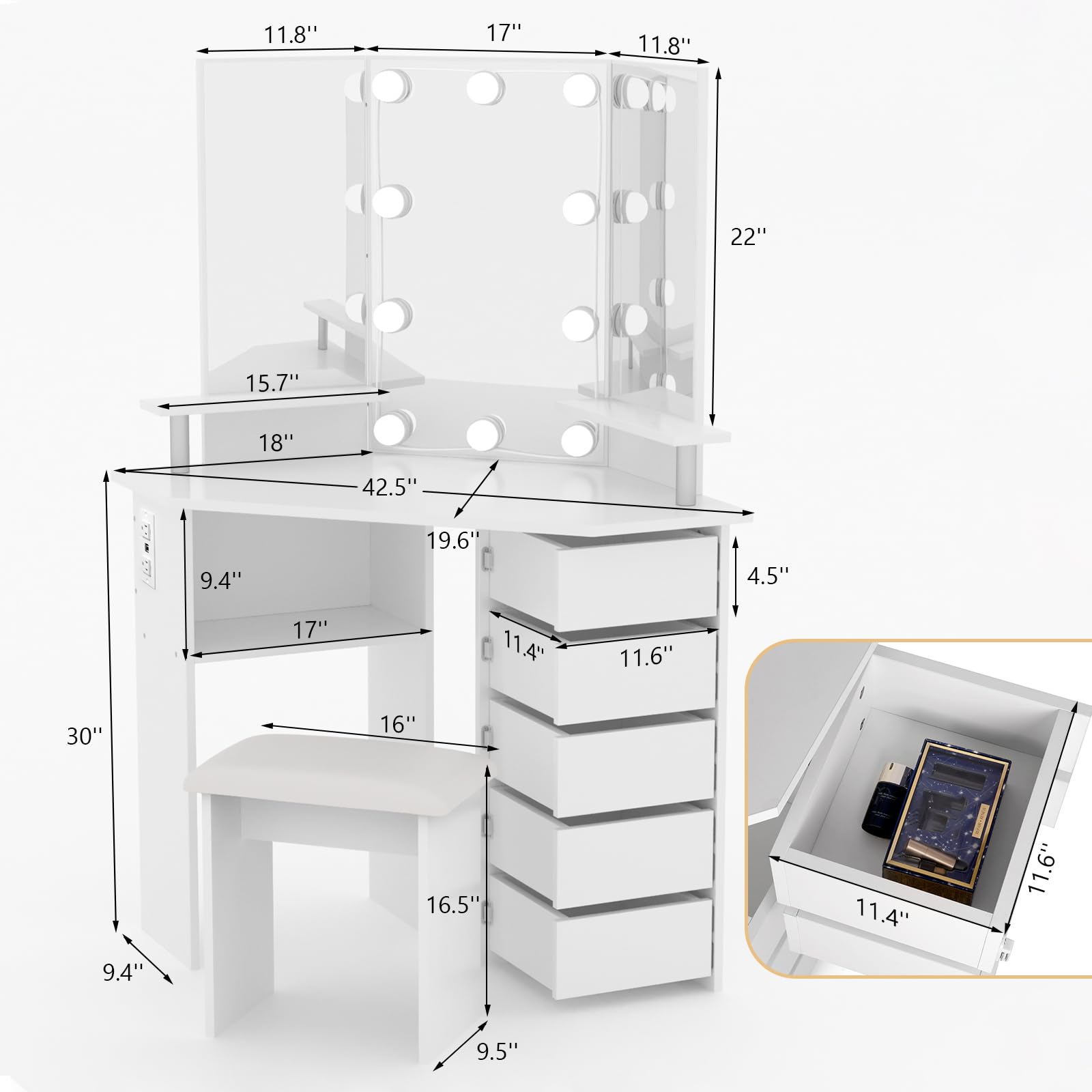 VOWNER LED Vanity Mirror with Lights - Adjustable Brightness Makeup Vanity Desk with Power Outlet, 3 Color Lighting Modes, 5 Spinning Drawers & Storage Shelves, Includes Stool - Perfect for Bedroom, Dressing Room & Home Beauty Station (White)