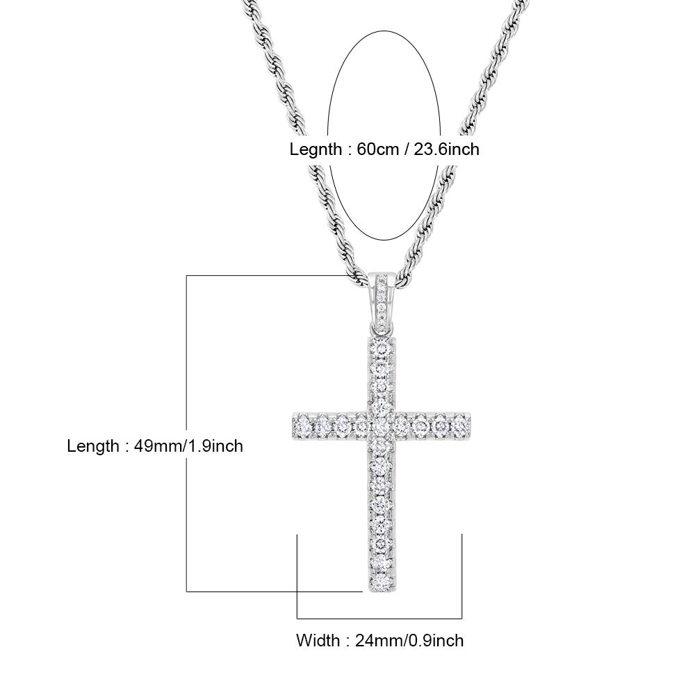 Rhodium-Plated Iced Out CZ Jesus Cross Pendant Necklace for Men & Women - Stainless Steel Chain | Perfect for Gifts, Church, Parties & Everyday Wear