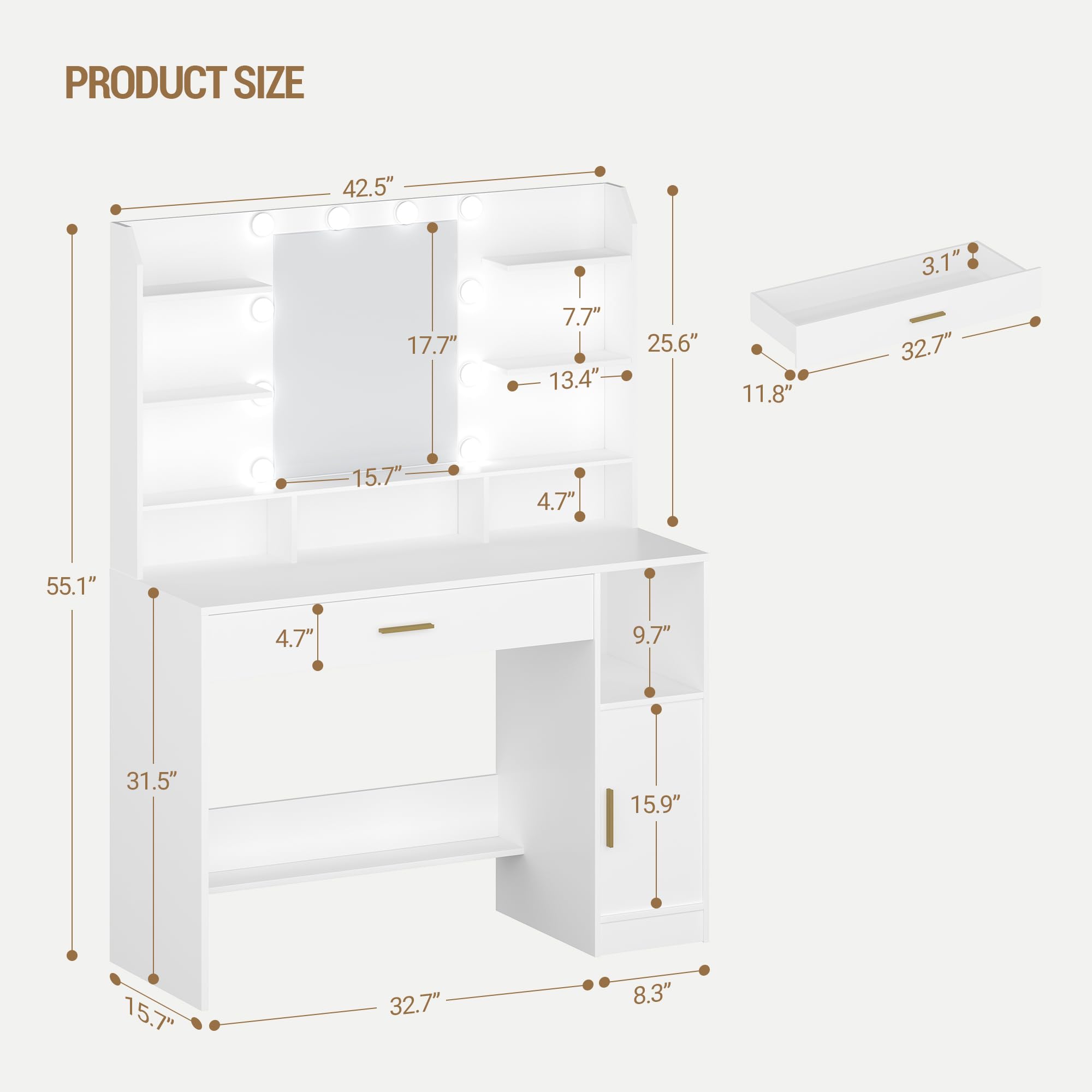 Vanity Desk with Mirror & 10 LED Lights - 3-Level Adjustable Brightness, Makeup Dressing Table with Hidden/Open Shelves & Oversized Drawers - Perfect for Bedroom, Dorm, Apartment (White)