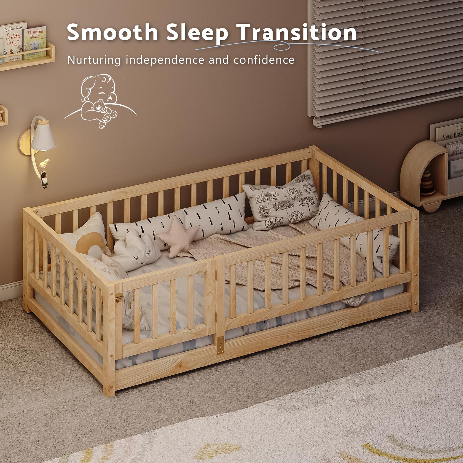 Tatub Twin Floor Bed with High Safety Rails & Slats - Natural Solid Wood Montessori Bed Frame for Kids - Toddler Floor Bed with Door for Boys & Girls - Perfect for Montessori Rooms, Daycare Centers & Safe Toddler Sleep Spaces
