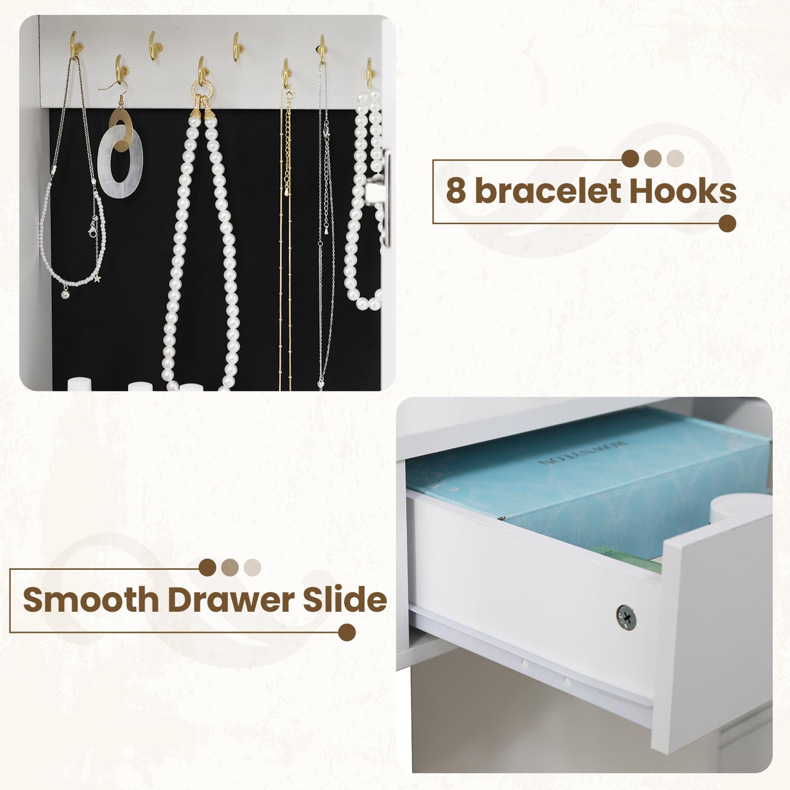 Modern White Makeup Vanity with LED Lights & Sliding Mirror - Vanity Desk with Jewelry Organizer, Glass Cabinet & 5 Drawers - Perfect for Bedroom, Dressing Room & Beauty Salon