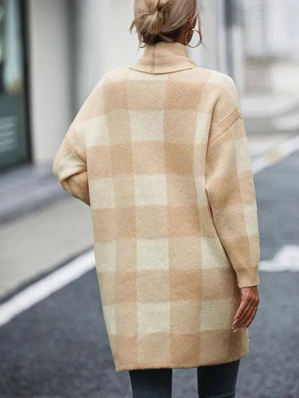 Stylish Loose Plaid Color Block Knit Cardigan Sweater for Women - Cozy Fall & Winter Fashion - Perfect for Office, Dating and Casual Outings