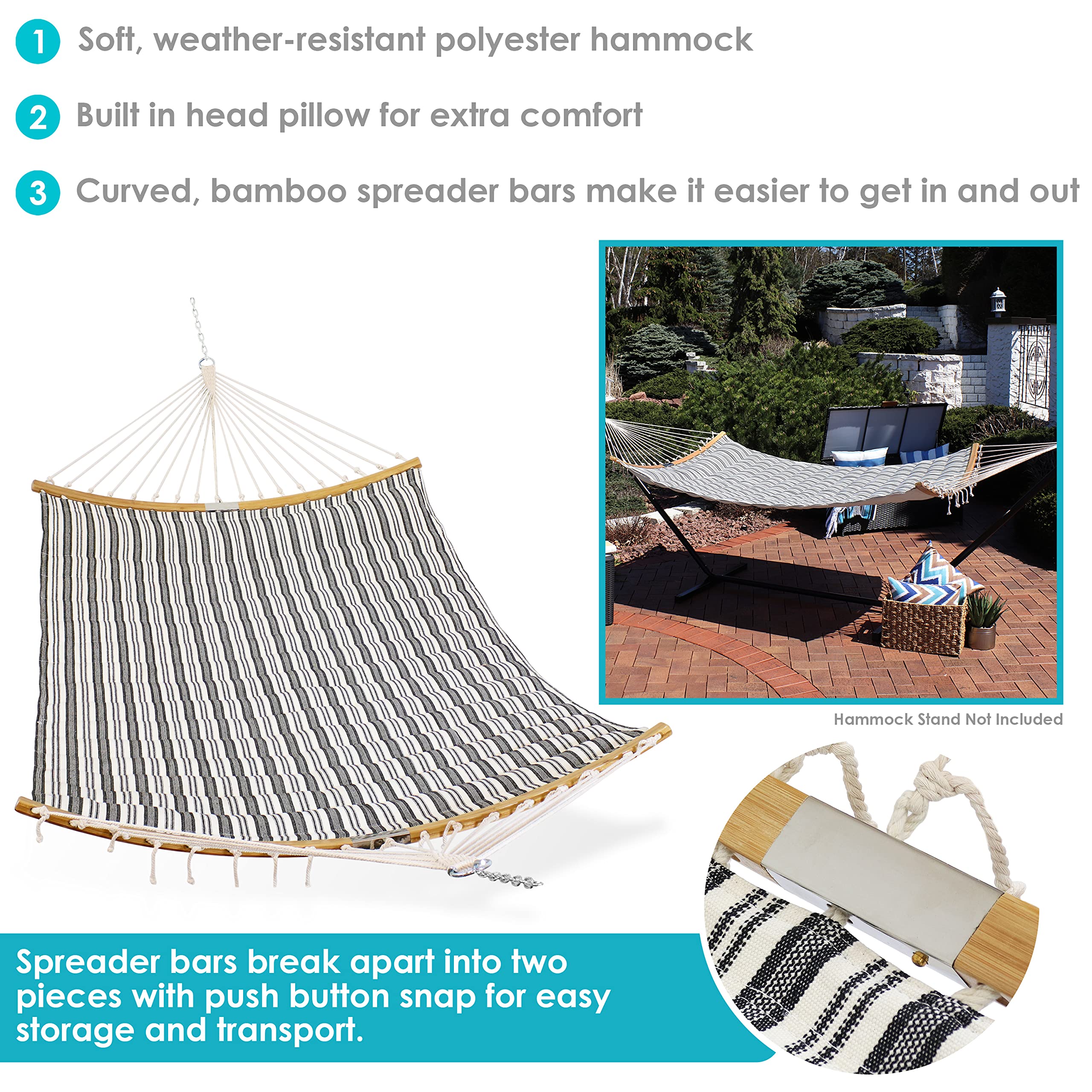 Premium Polycotton Double Hammock with Curved Bamboo Spreader Bars - 450 lb Capacity - Neutral Stripe Design - Perfect for Backyard Relaxation, Camping & Beach Trips