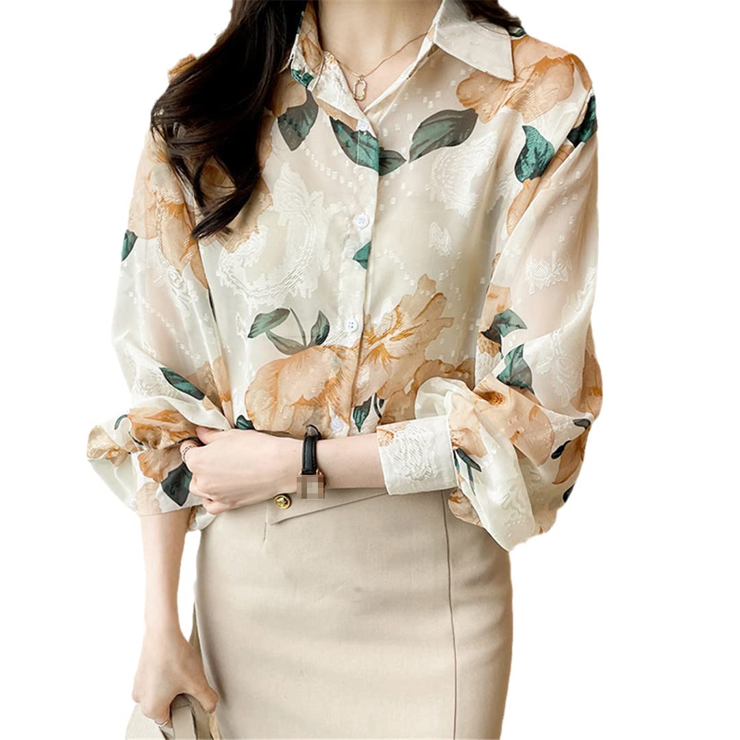 Elegant Women's Chiffon Blouse - Floral Print Long Sleeve Dress Shirt for Spring & Summer | Office Wear, Casual Outfits, Party Tops
